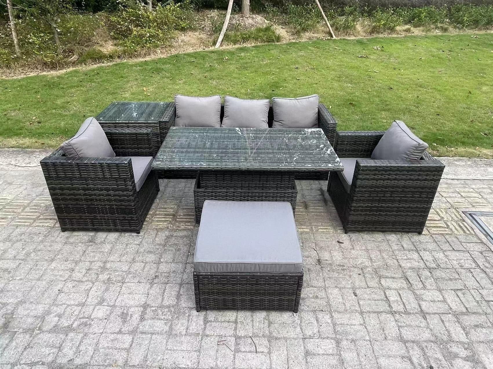 Outdoor Rattan Garden Furniture Sofa Set Adjustable Rising Lifting Dining Table Set Side Table 2 Armchairs
