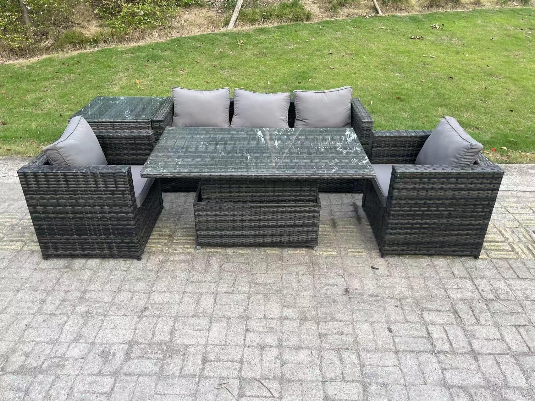 Outdoor Rattan Garden Furniture Sofa Set Patio Adjustable Rising Lifting Dining Table Set Side Table