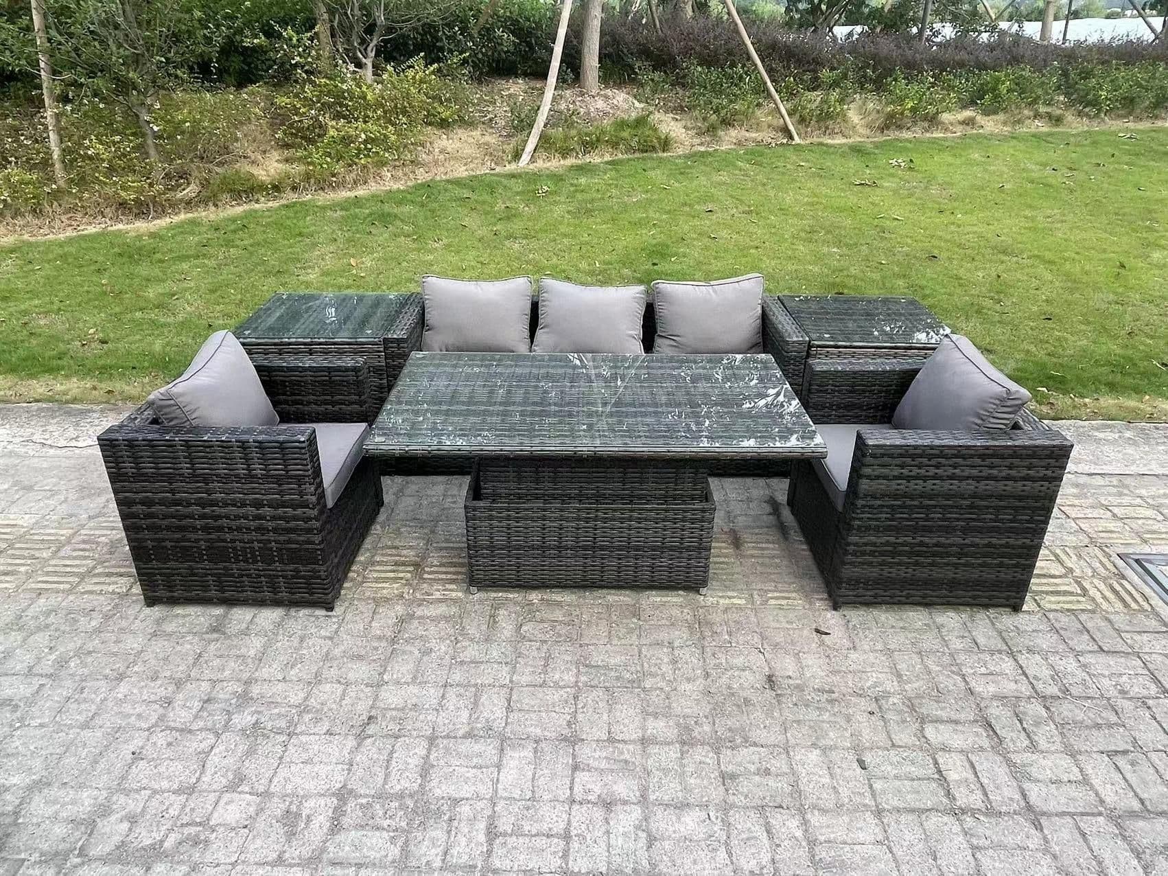 Rattan Garden Furniture Sofa Set Outdoor Adjustable Rising Lifting Dining Table Set 2 Armchairs