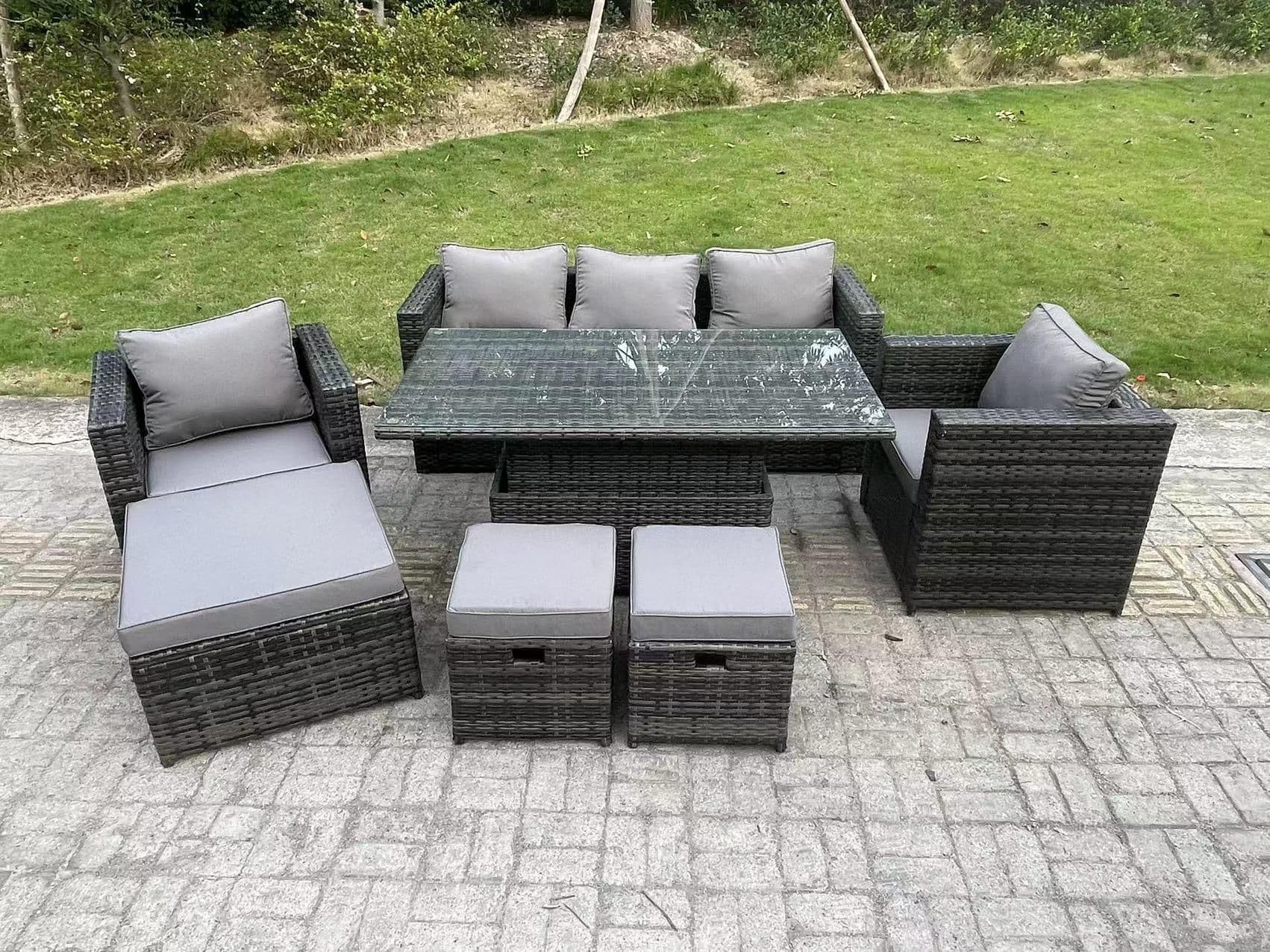 8 Seater Outdoor Rattan Garden Furniture Sofa Set Patio Adjustable Rising Lifting Dining Table Set