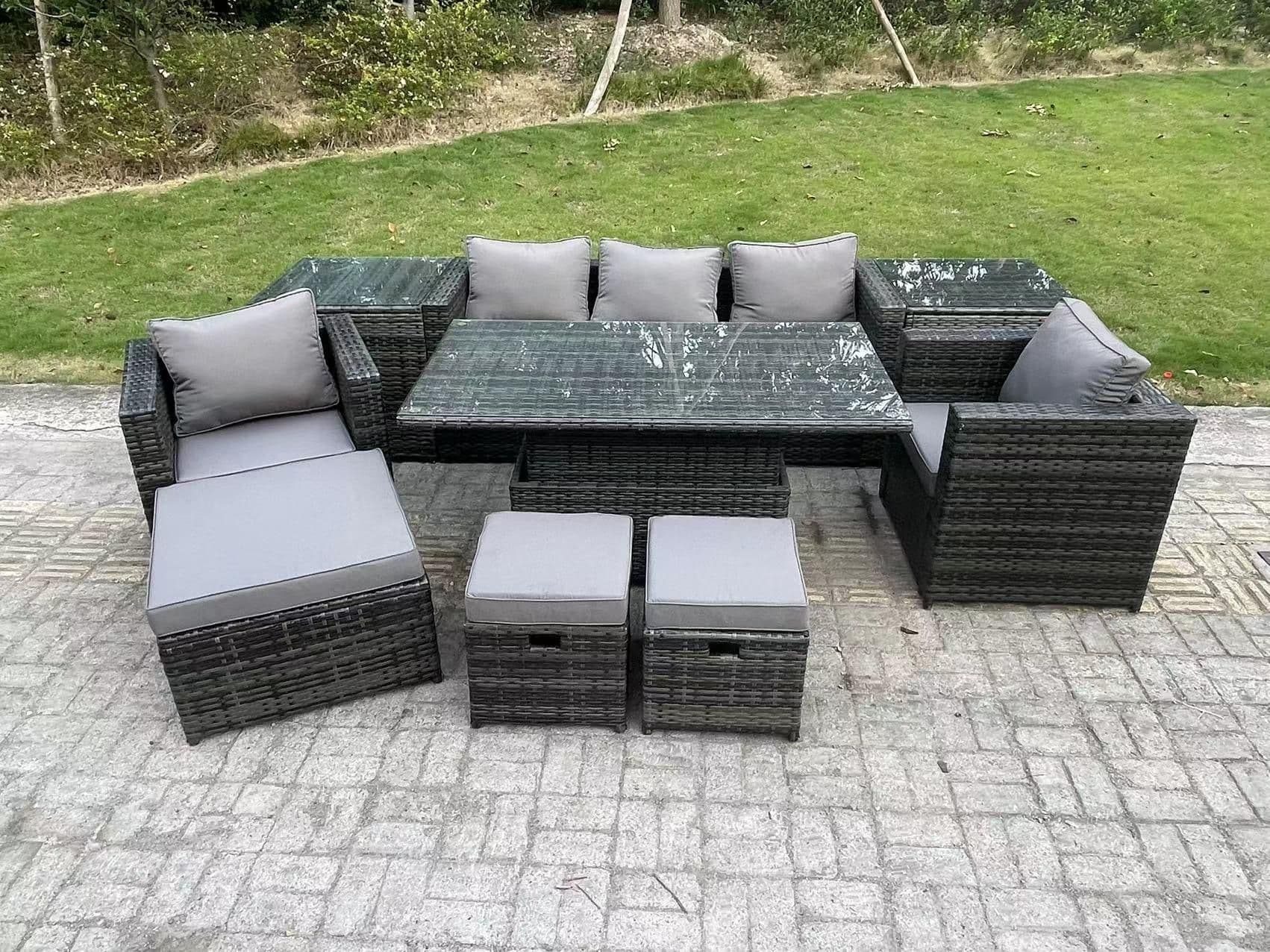Wicker PE Rattan Garden Furniture Sofa Set Outdoor Adjustable Rising Lifting Dining Table Set