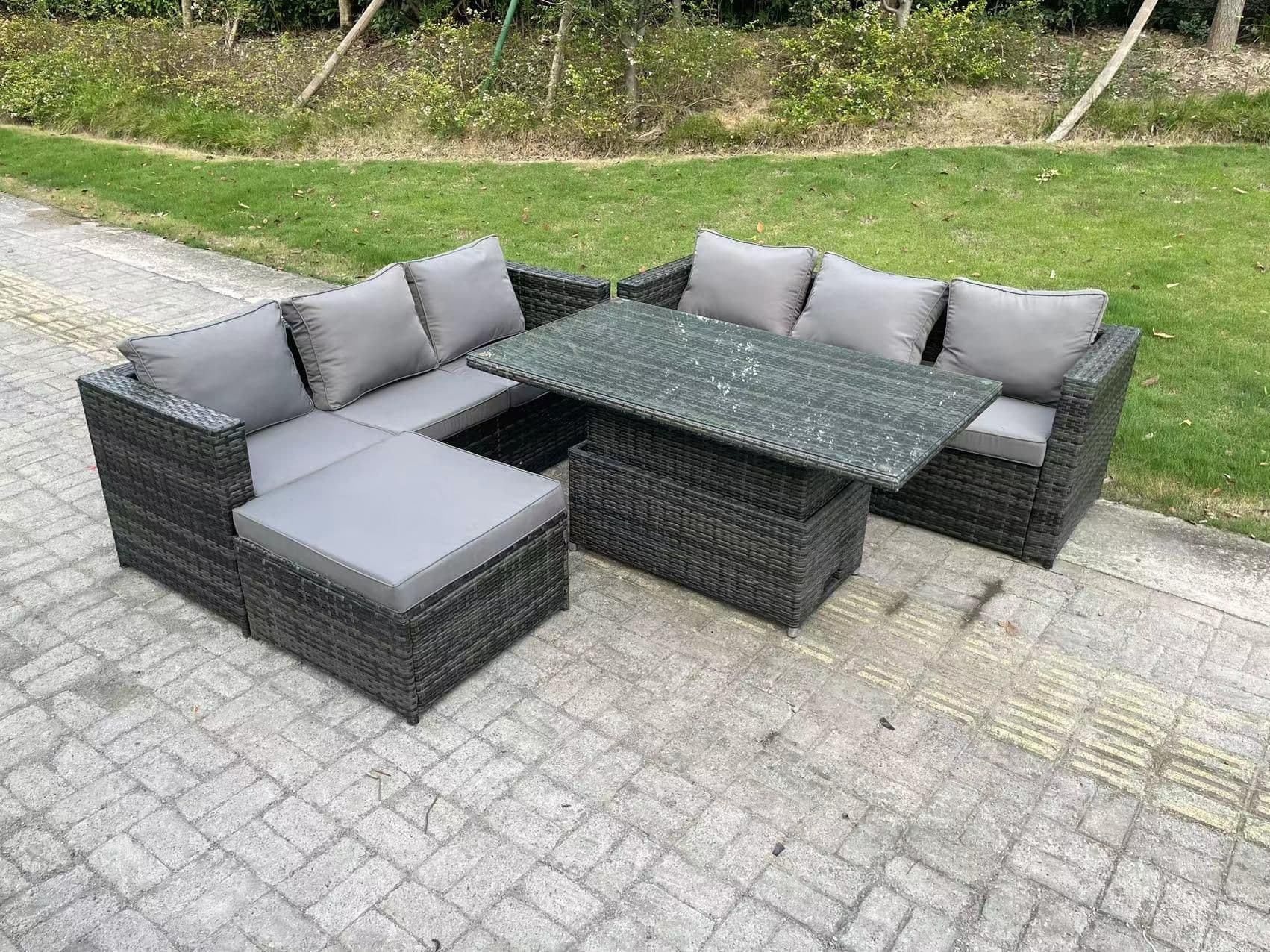7 Seater Wicker PE Rattan Garden Furniture Sofa Set Outdoor Adjustable Rising Lifting Dining Table Set