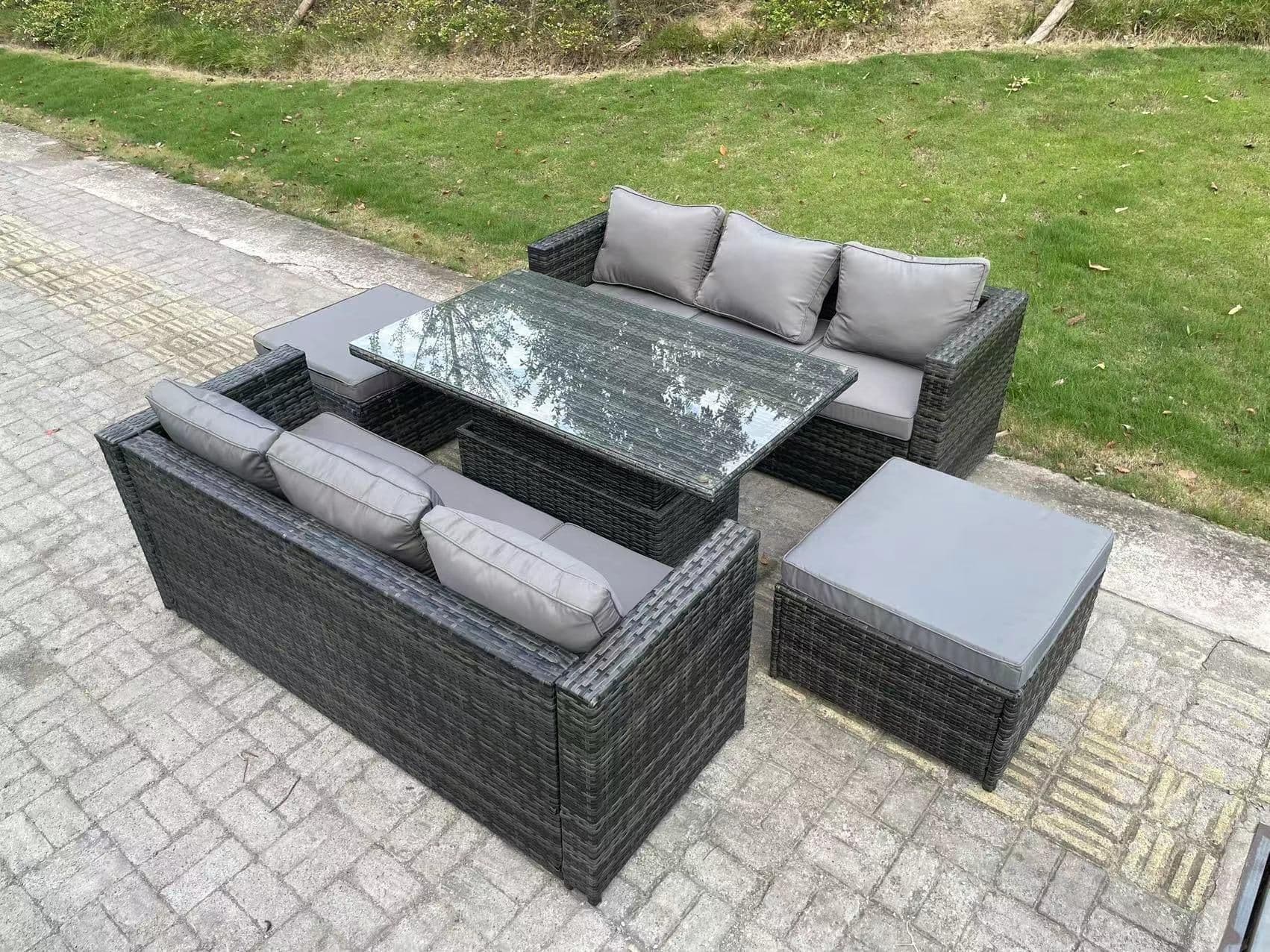8 Seater Rattan Sofa Garden Furniture Set Outdoor Adjustable Rising Lifting Dining Table Set Footstool