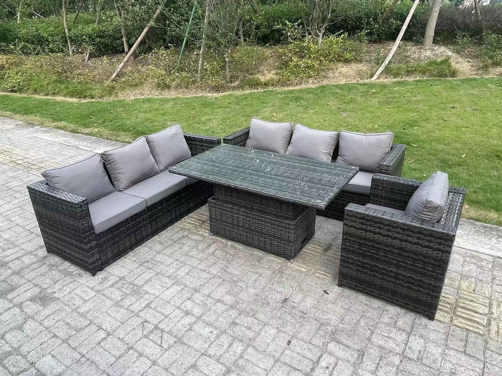 Wicker PE Garden Furniture Rattan Sofa Set Outdoor Adjustable Rising Lifting Dining Table Set 7 Seater