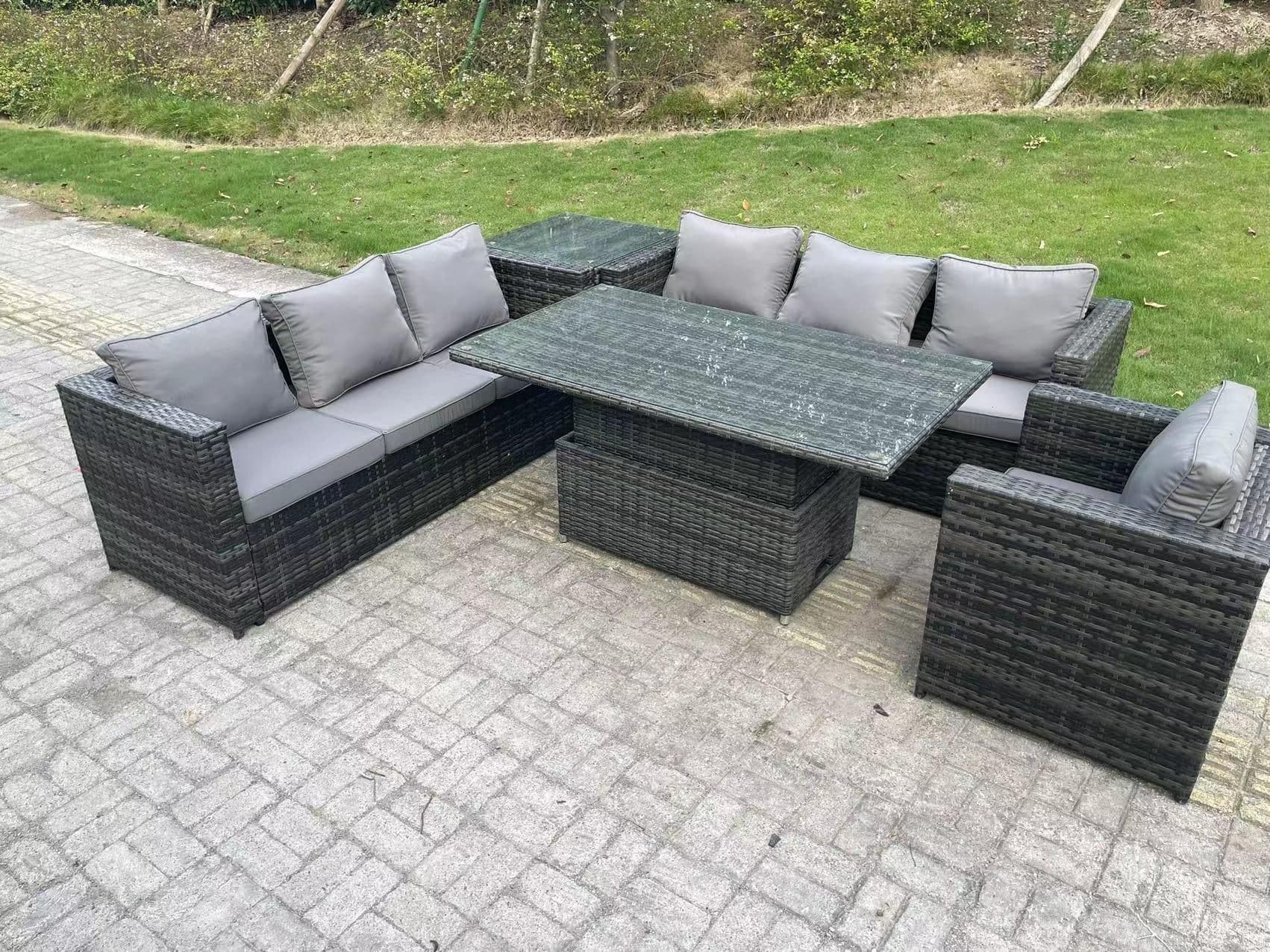 7 Seater Wicker Garden Furniture Rattan Sofa Set Outdoor Adjustable Rising Lifting Dining Table Set Armchair