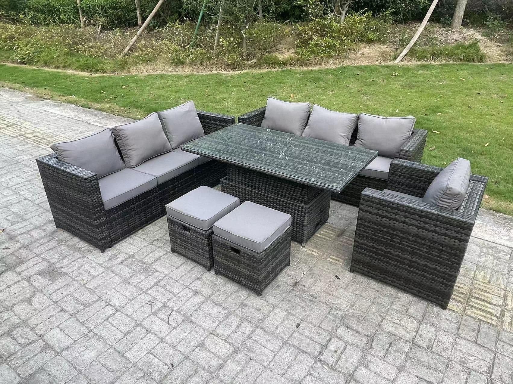 Wicker PE Garden Furniture Rattan Sofa Set Outdoor Adjustable Rising Lifting Dining Table Set 2 Stools