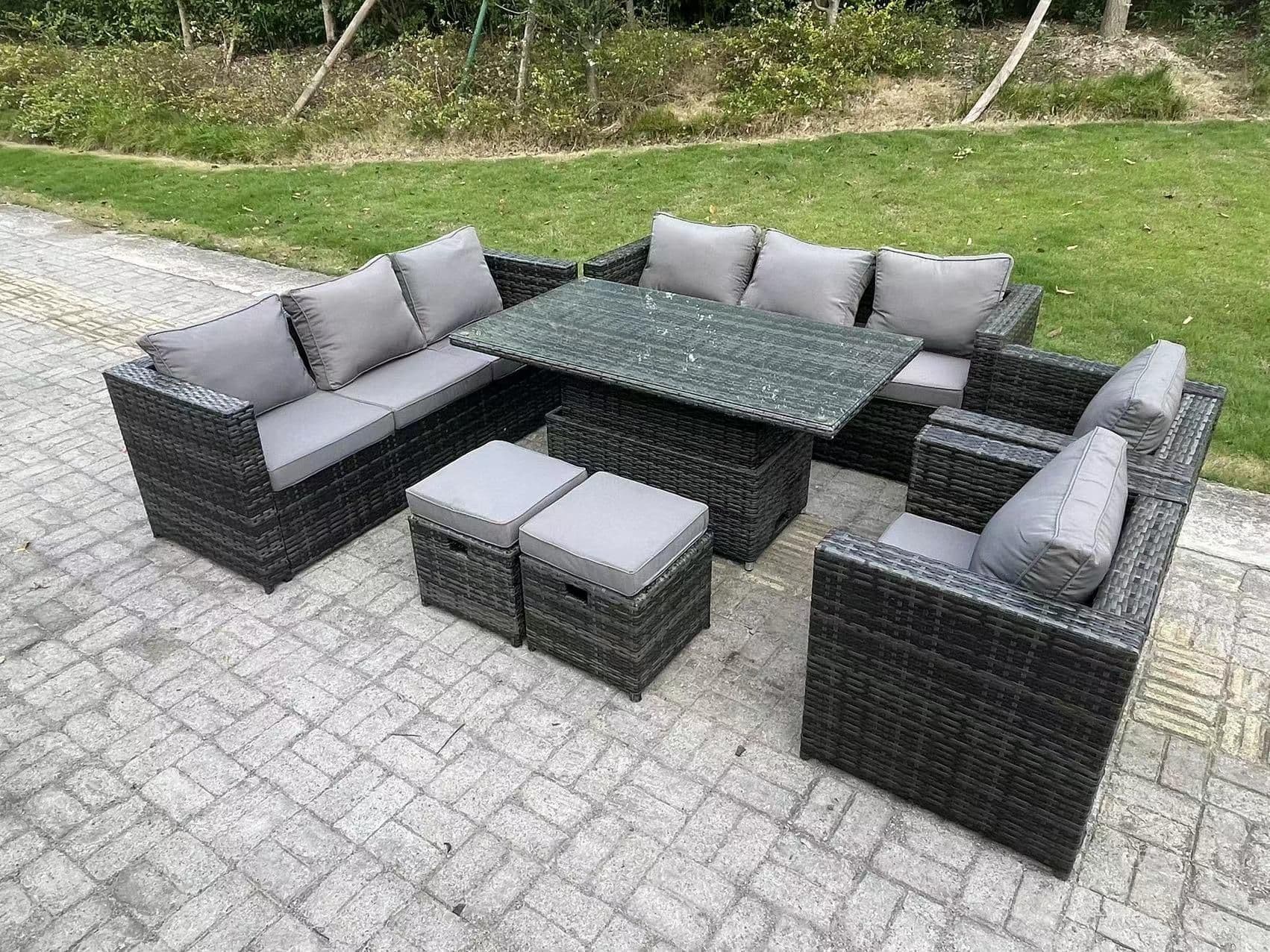 10 Seater Wicker PE Garden Furniture Rattan Sofa Set Outdoor Adjustable Rising Lifting Dining Table Set