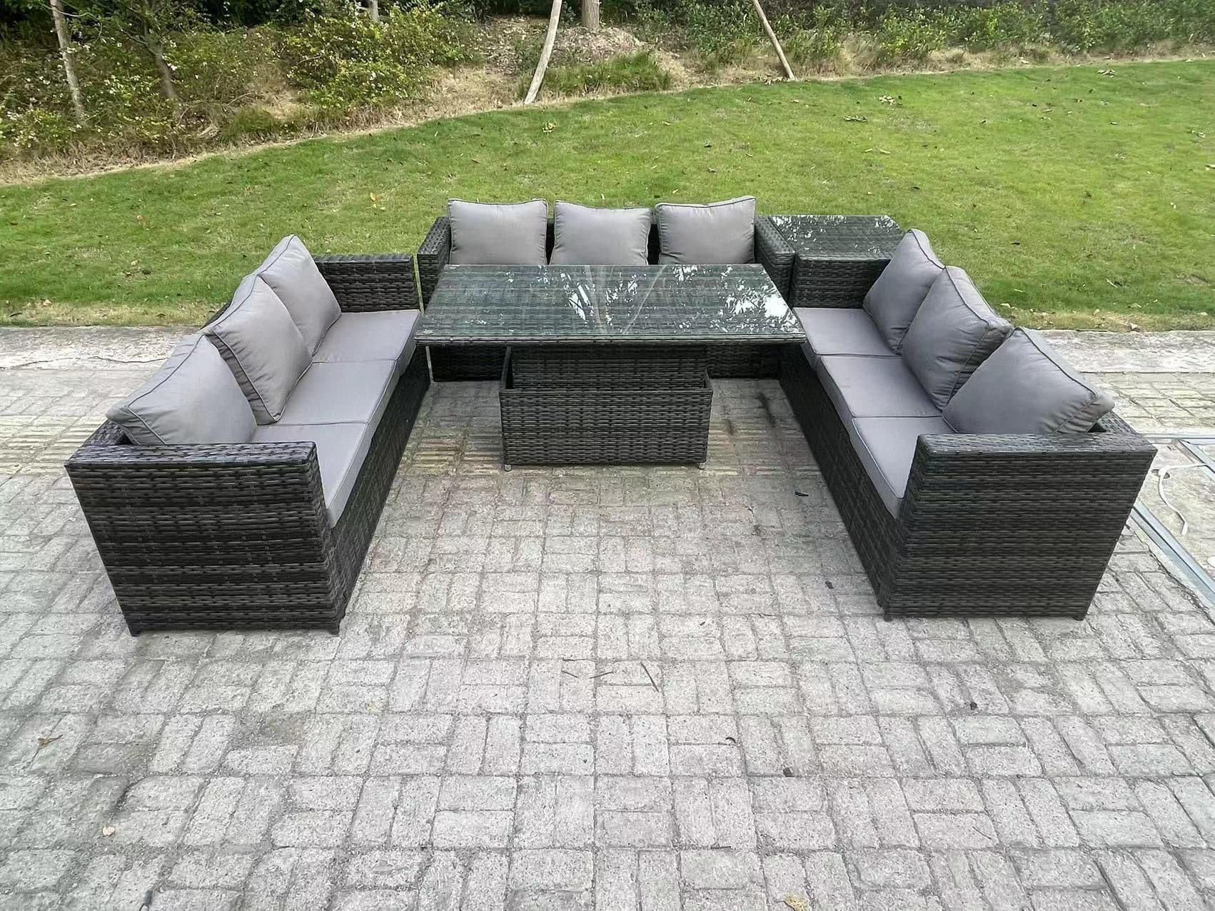 9 Seater Outdoor Rattan Garden Furniture Sofa Set Patio Adjustable Rising Lifting Dining Table Set