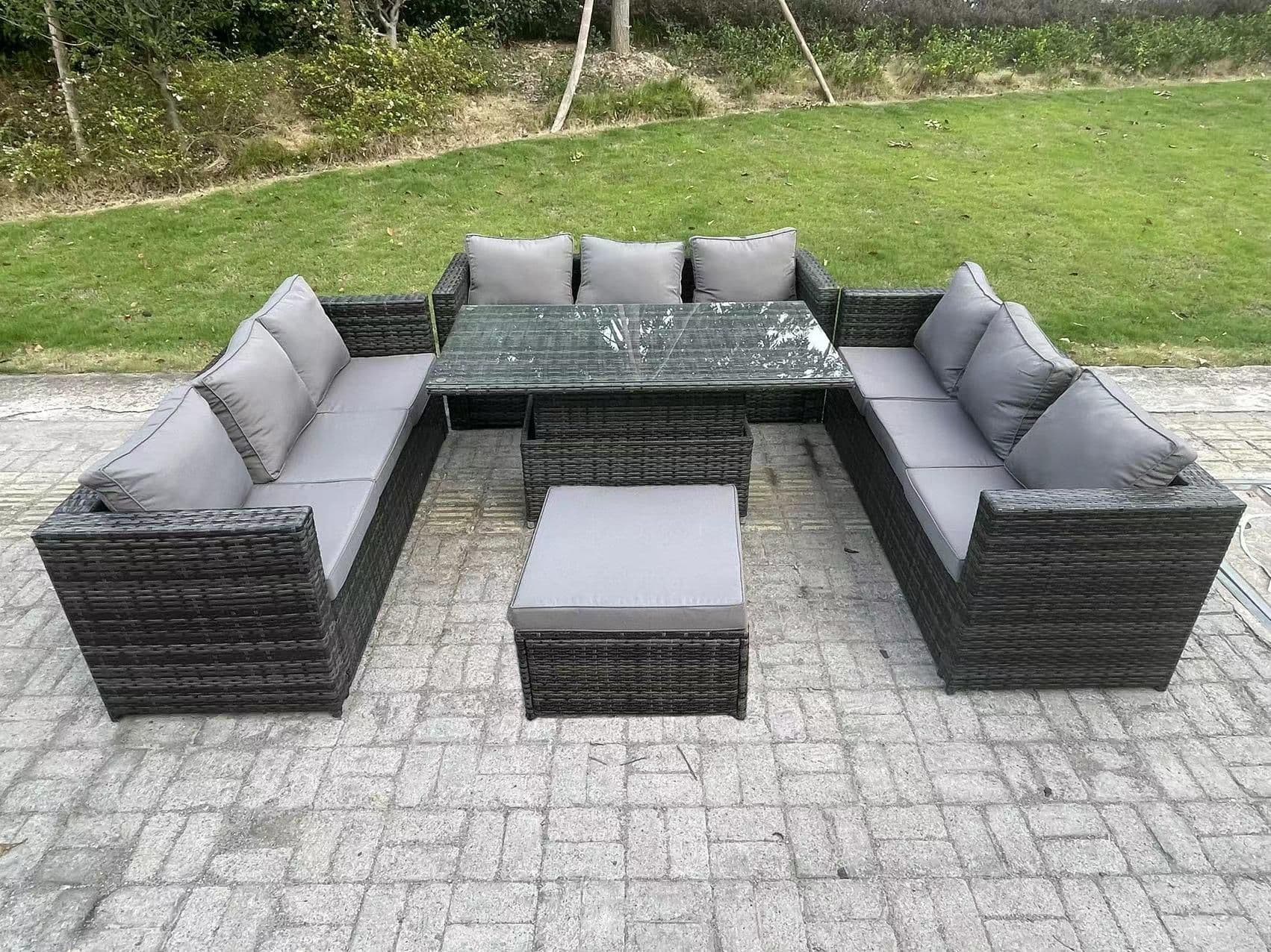 10 Seater Rattan Garden Furniture Sofa Set Outdoor Adjustable Rising Lifting Dining Table Set Big Footstool