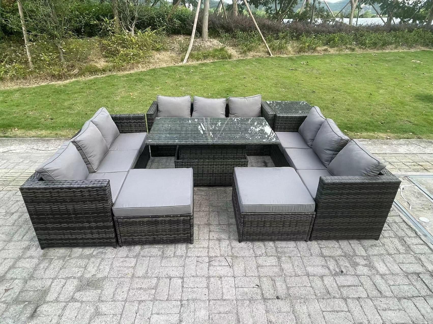 11 Seater Outdoor Rattan Garden Furniture Sofa Set Patio Adjustable Rising Lifting Dining Table Set
