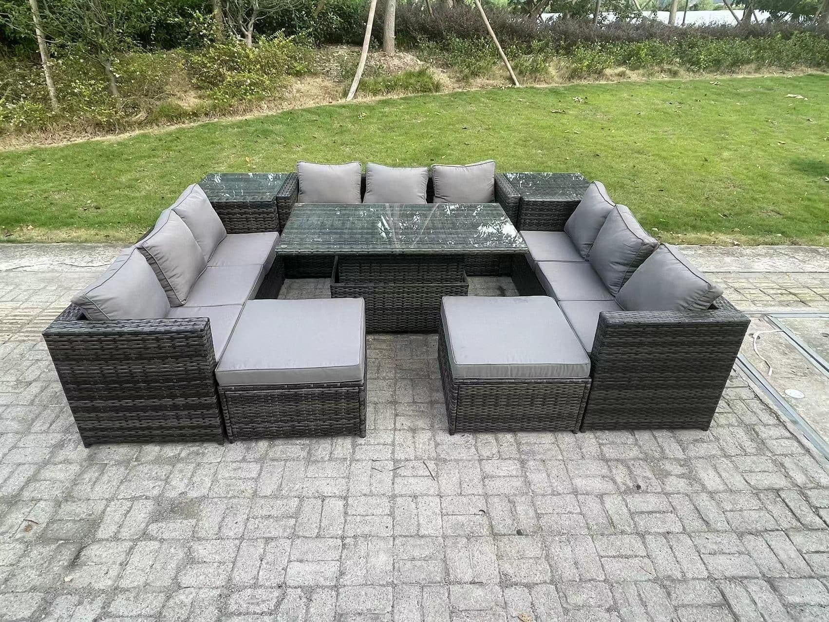 Wicker PE Rattan Garden Furniture Sofa Set Outdoor Adjustable Rising Lifting Dining Table Set 11 Seater