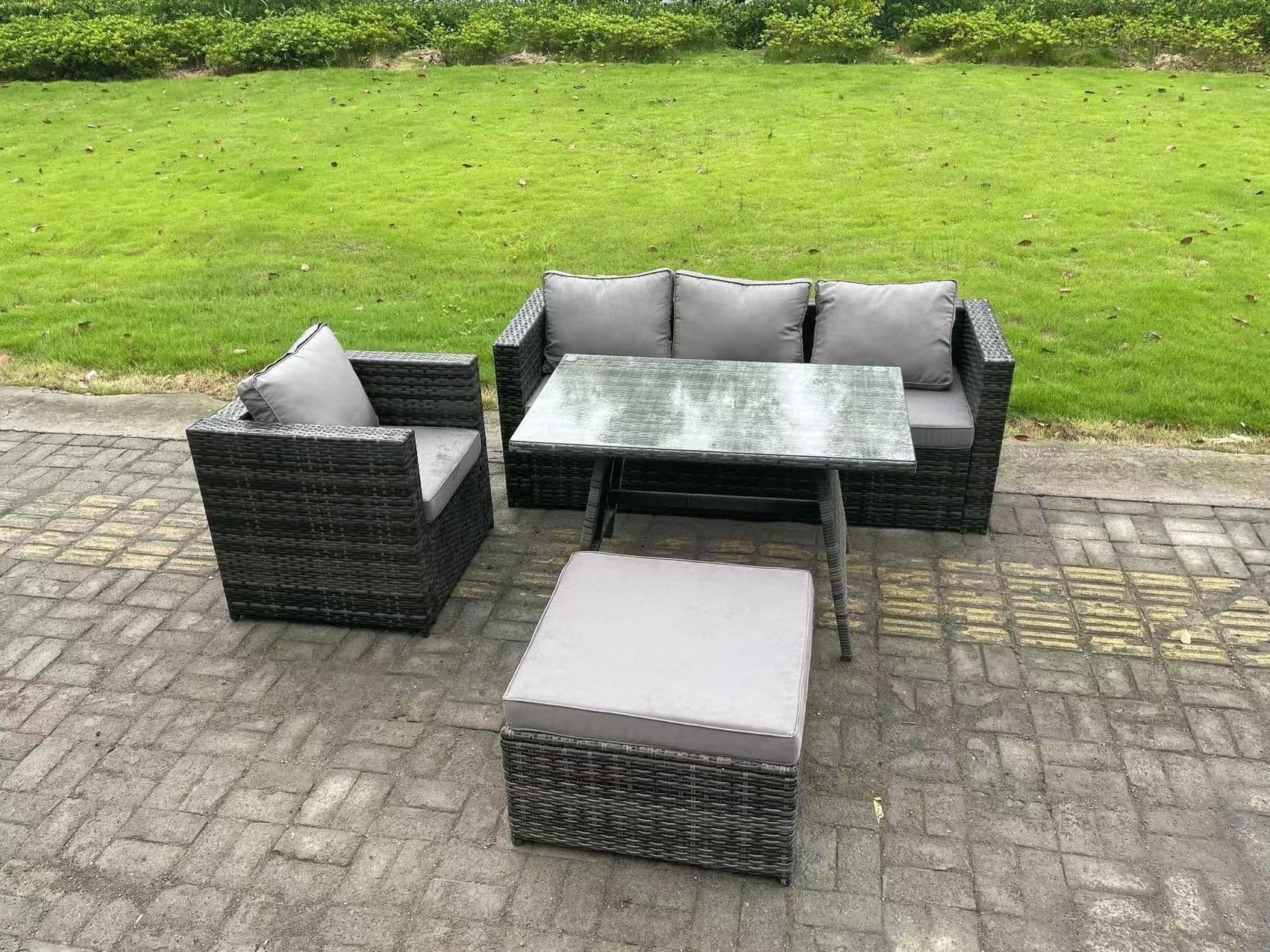 Rattan Outdoor Furniture Garden Dining Set Oblong Dining Table Armchair Big Footstool Dark Grey Mixed