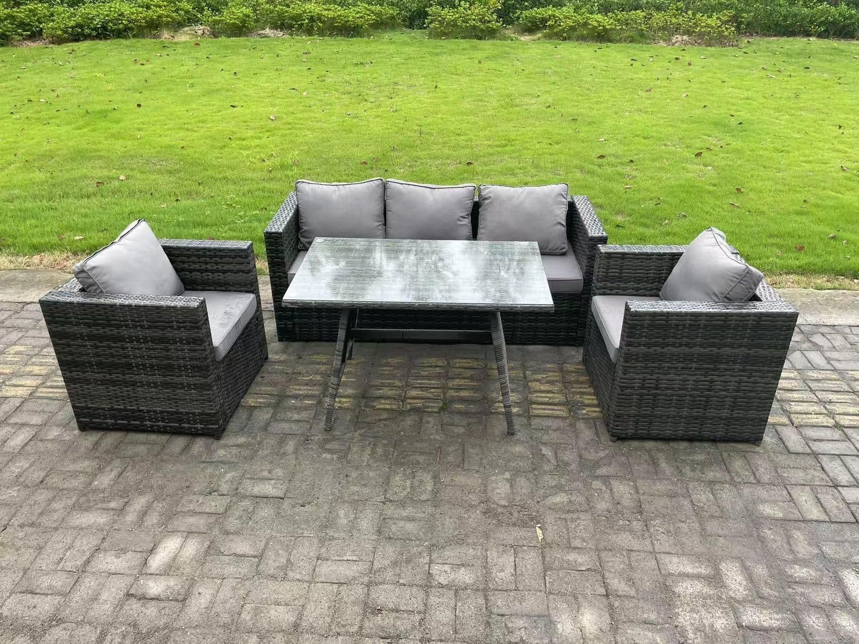 Wicker PE Rattan Outdoor Furniture Garden Dining Set Lounge Sofa Oblong Dining Table 2 Armchairs