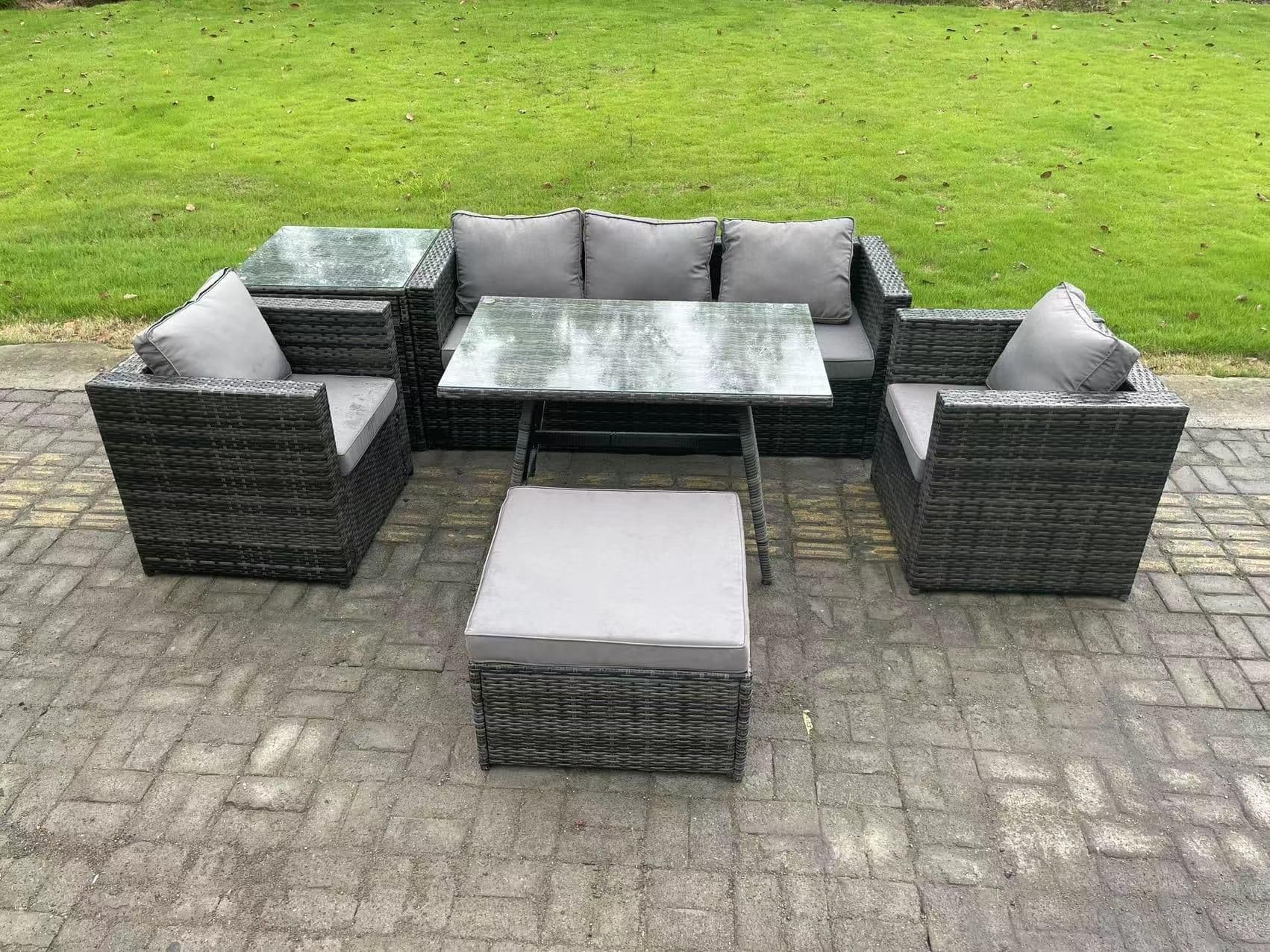 6 Seater Wicker Rattan Outdoor Furniture Garden Dining Set Sofa Oblong Dining Table 2 Armchairs Stool