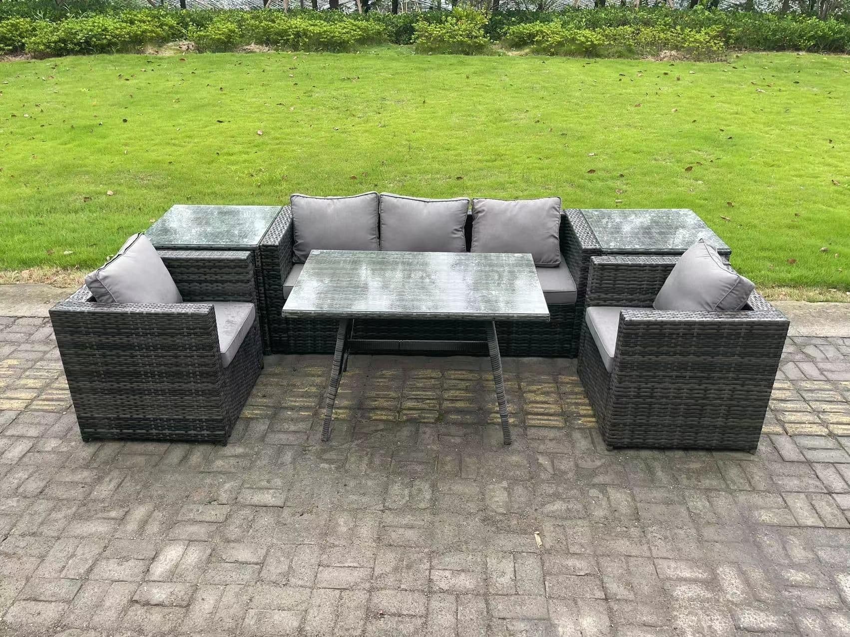 5 Seater Rattan Outdoor Furniture Garden Dining Set Oblong Dining Table 2 Armchairs 2 Side Tables