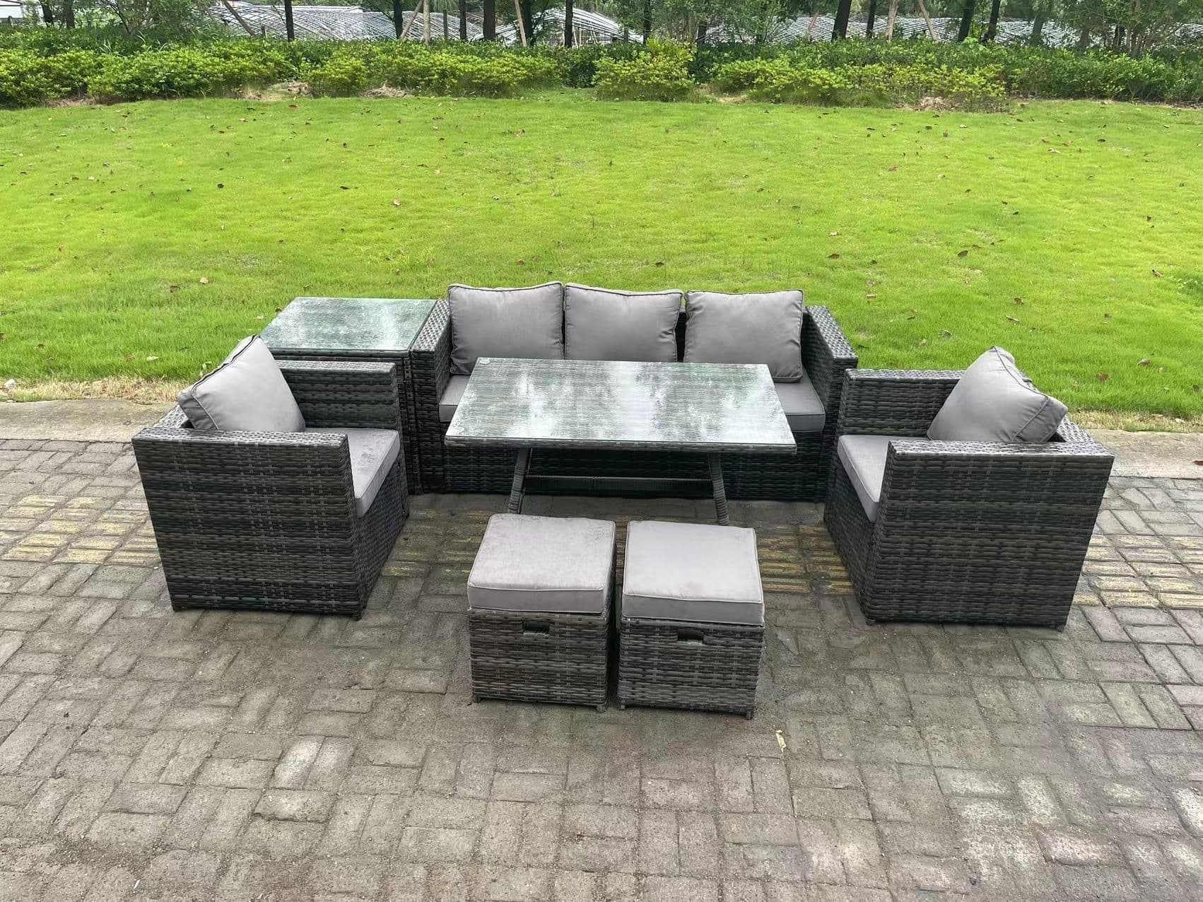 7 Seater Rattan Outdoor Furniture Garden Dining Set Lounge Sofa Dining Table 2 Armchairs Small Stools