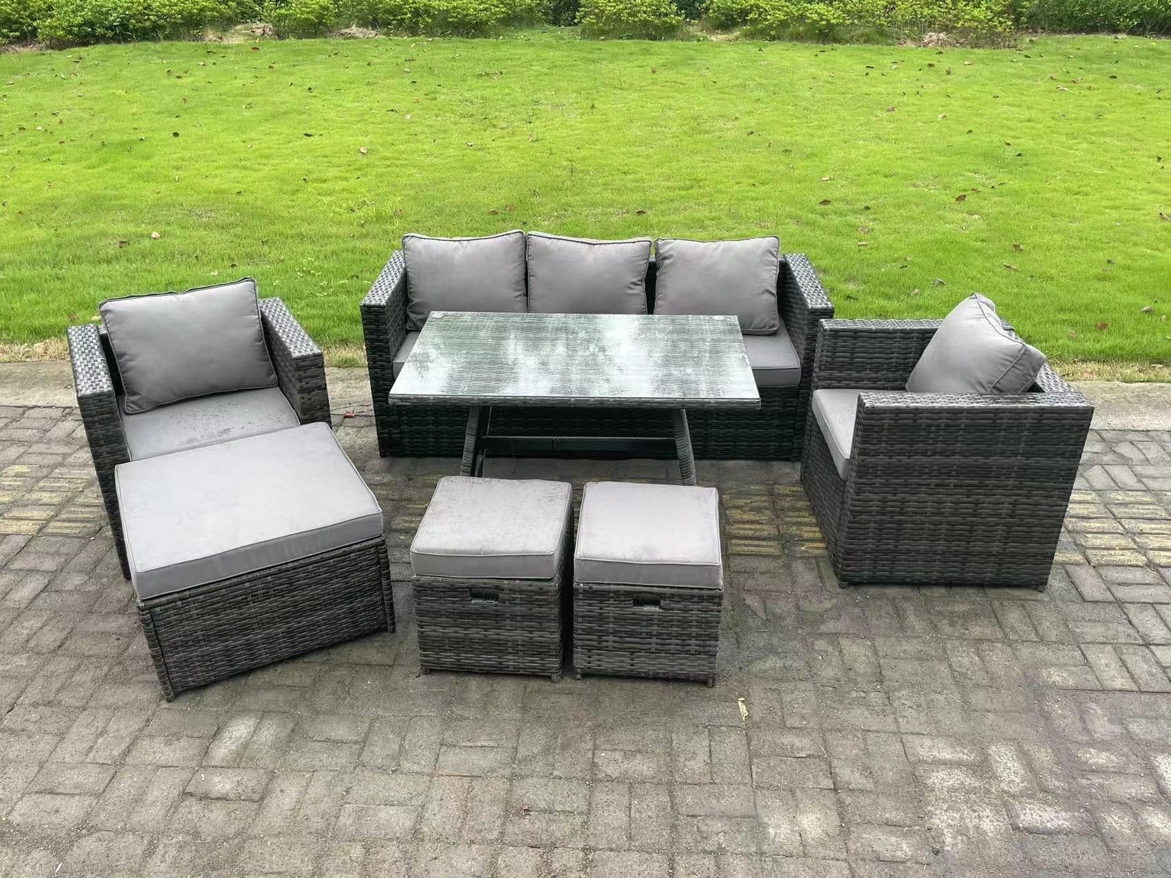 8 Seater Rattan Outdoor Furniture Sofa Garden Dining Set Dining Table 2 Armchairs 3 Stools Dark Grey