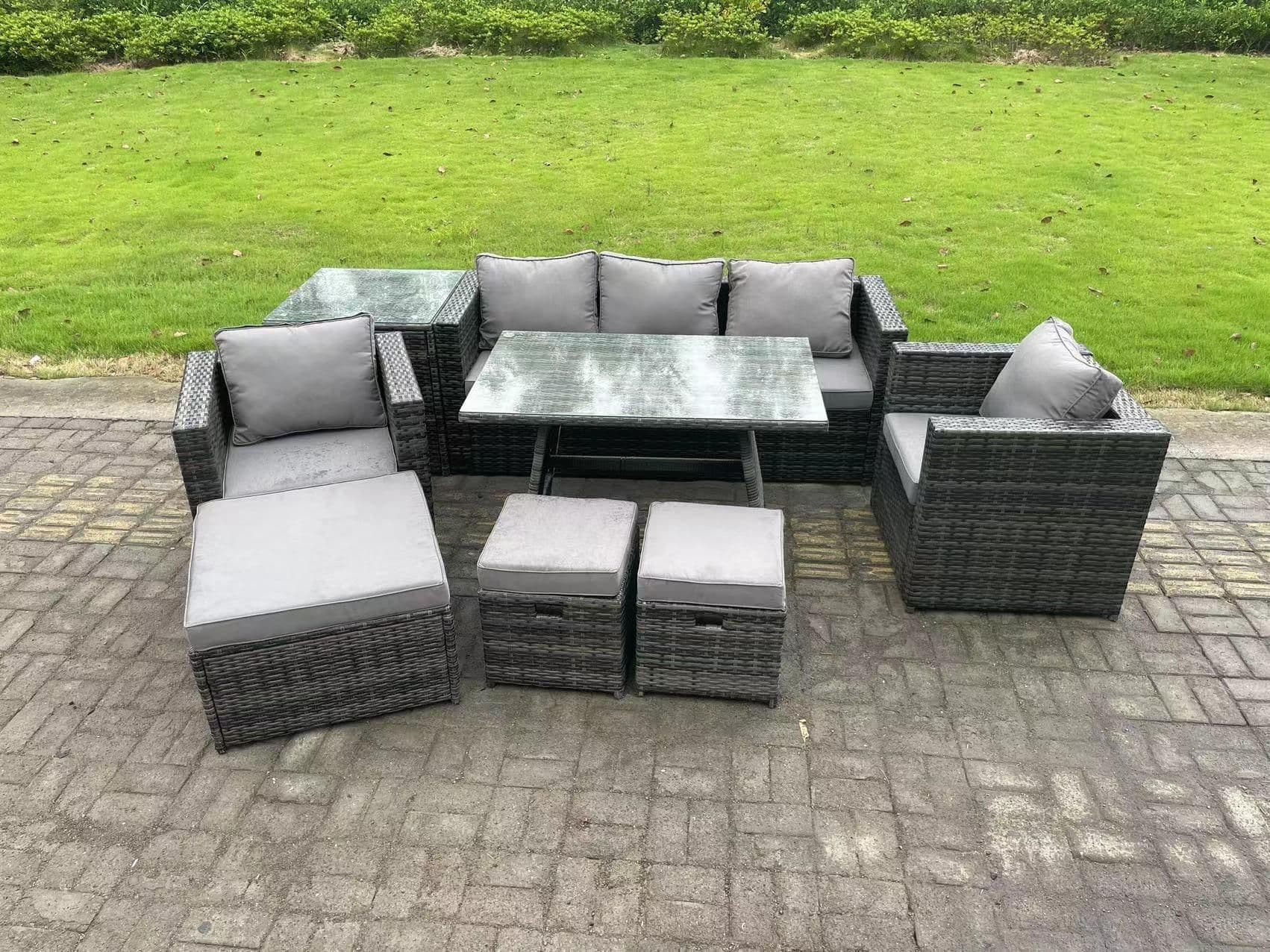Rattan Outdoor Furniture Sofa Garden Dining Set Dining Table 2 Armchairs Side Table 3 Stools 8 Seater