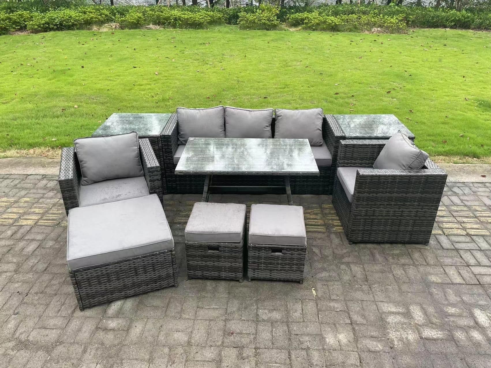 8 Seater Rattan Outdoor Furniture Sofa Garden Dining Set Dining Table Armchairs 2 Side Tables 3 Stools