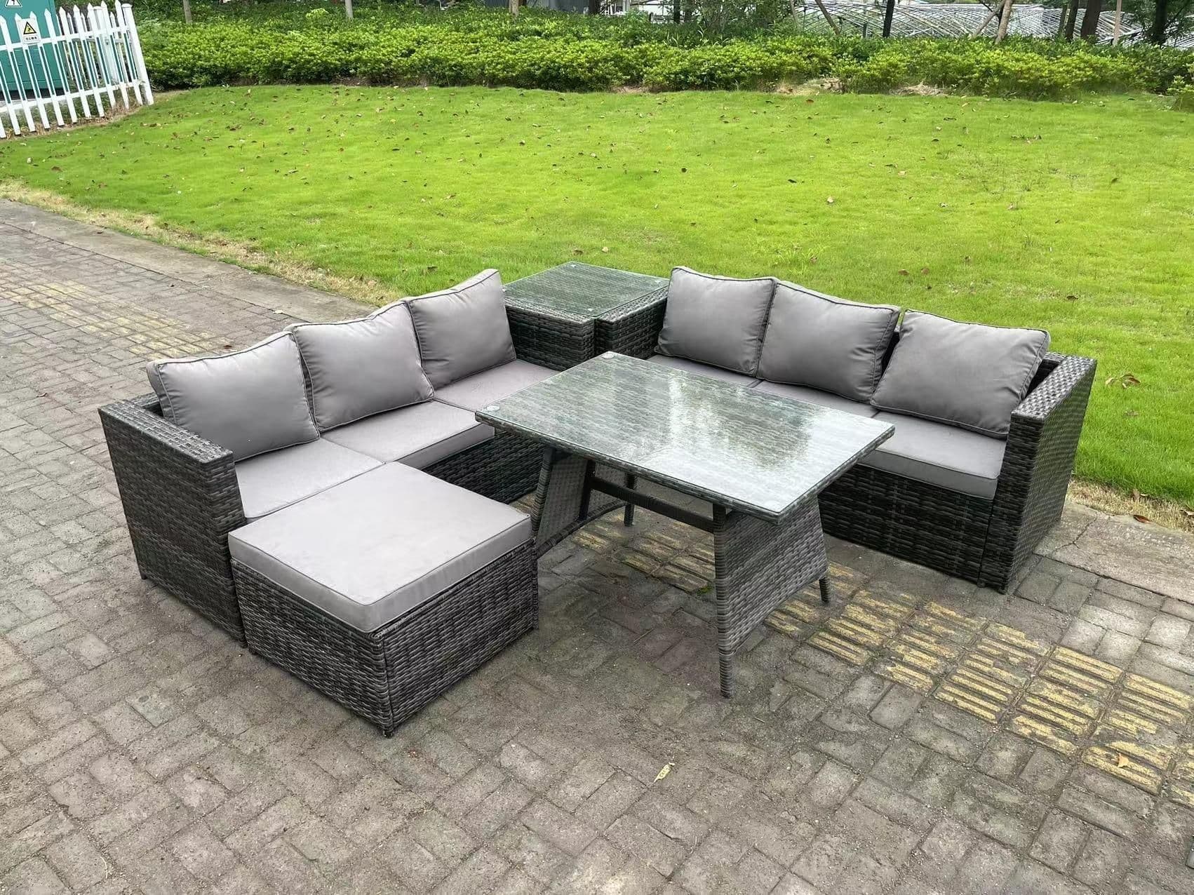 7 Seater Rattan Garden Dining Set Outdoor Furniture Sofa Dining Table Big Footstool Side Table