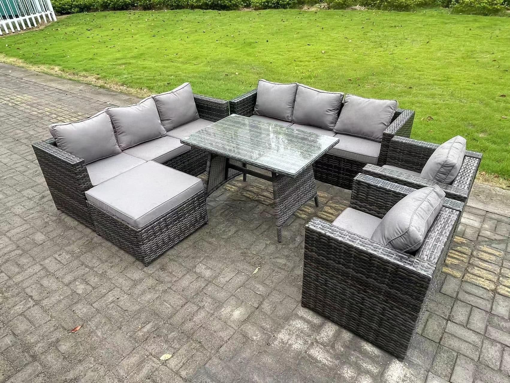 8 Seater Rattan Outdoor Furniture Sofa Garden Dining Set Patio Dining Table 2 Armchairs Big Footstools