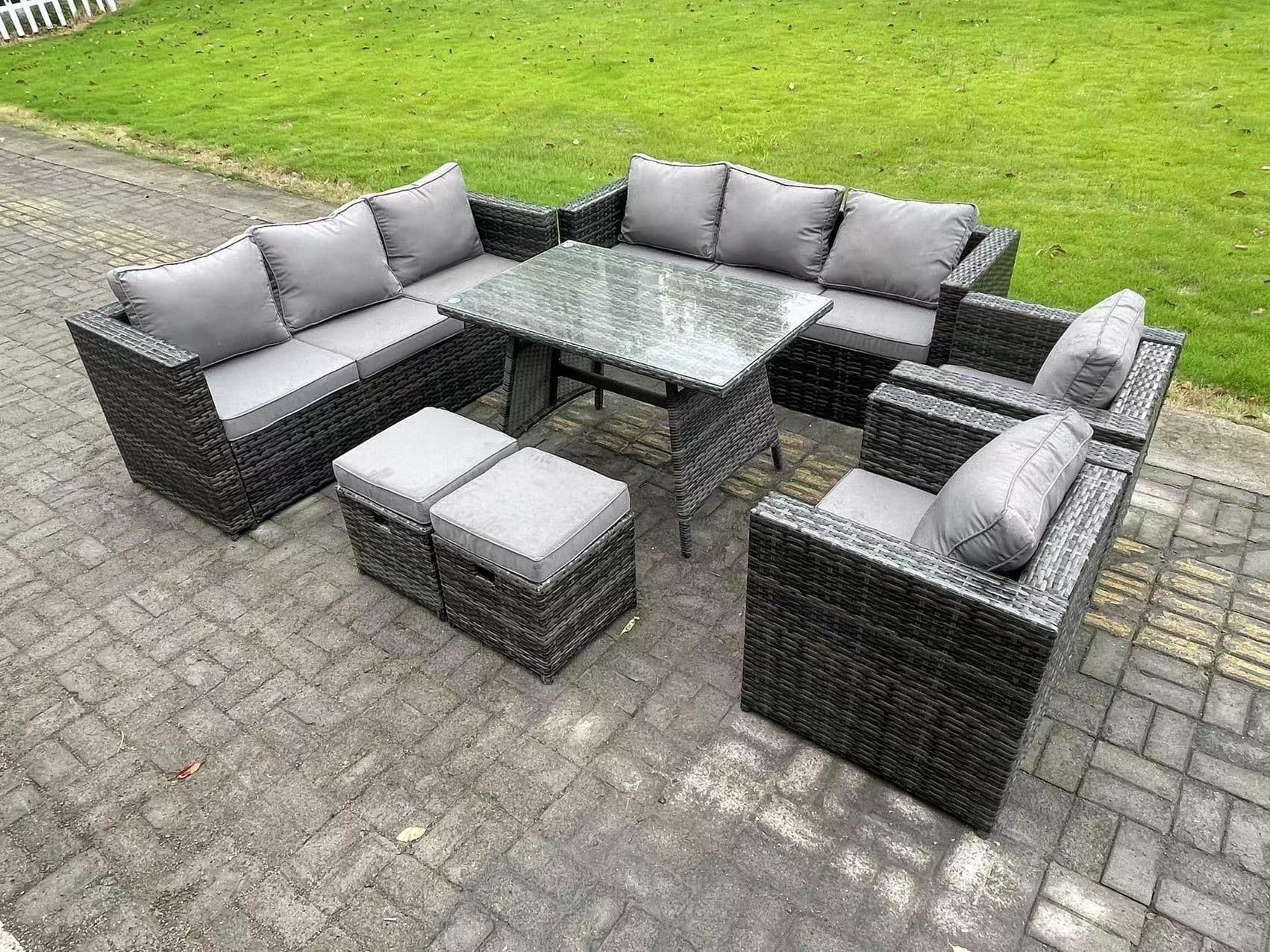 Rattan Garden Outdoor Furniture Sofa Garden Dining Set Patio Dining Table 2 Armchairs Small Footstools