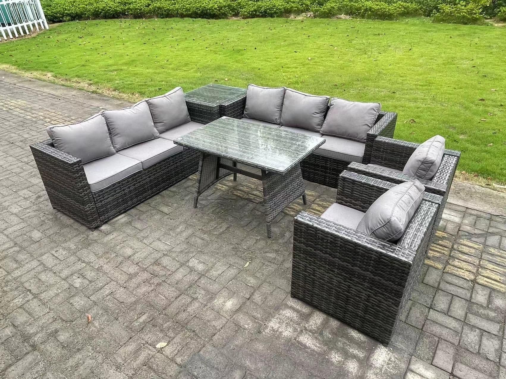 Rattan Outdoor Furniture Sofa Garden Dining Set Patio Dining Table 2 Armchairs Side Table 8 Seater