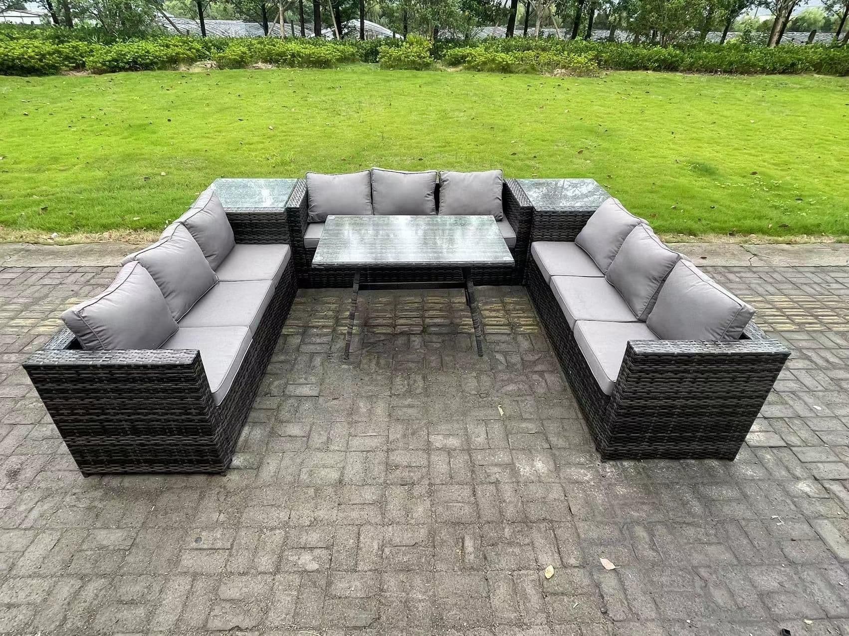 9 Seater Rattan Outdoor Furniture Sofa Garden Dining Set Patio Dining Table 2 Side Tables Dark Grey