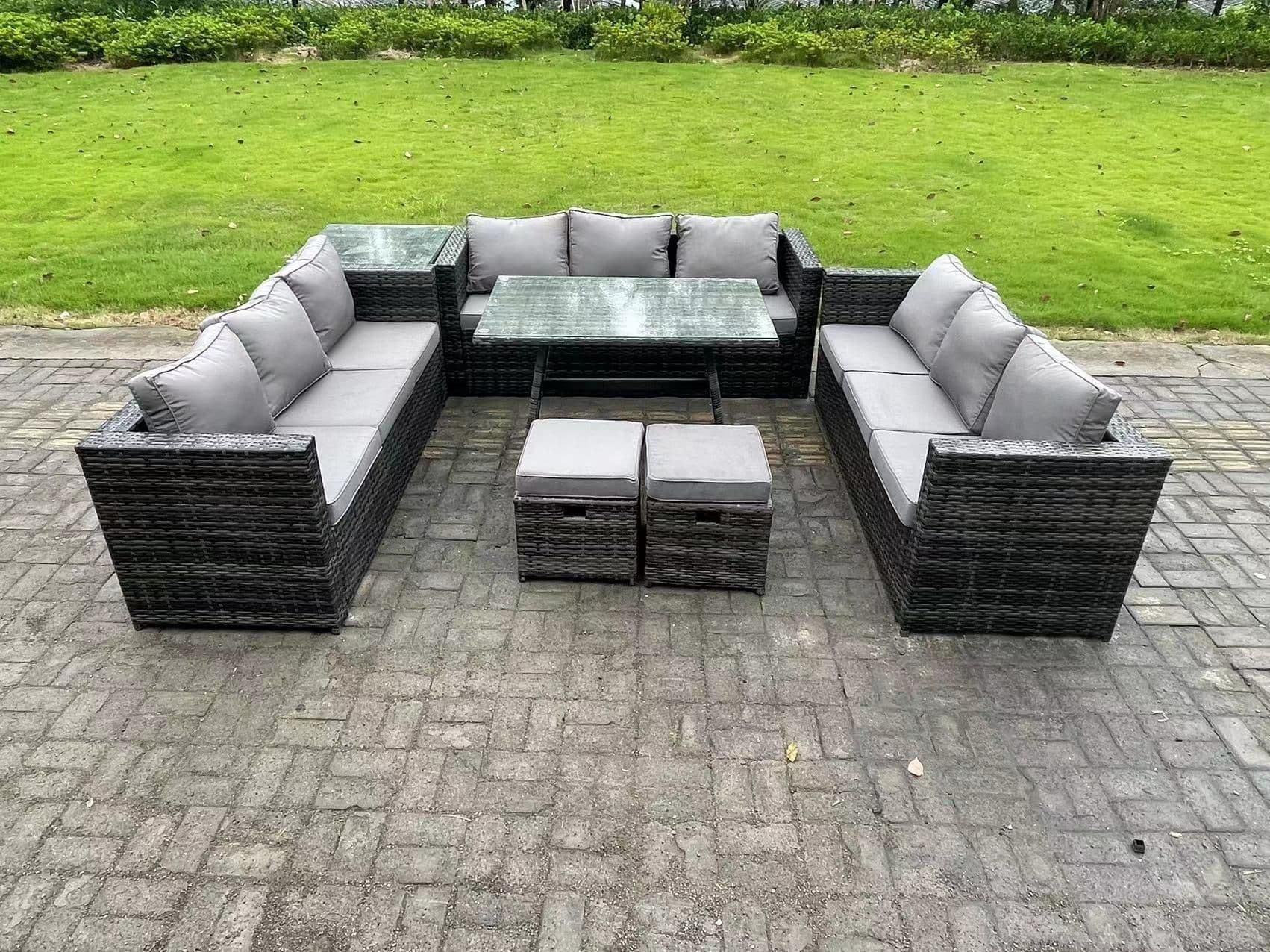Rattan Outdoor Furniture Lounge Sofa Garden Dining Set Dining Table Side Table 2 Small Footstools