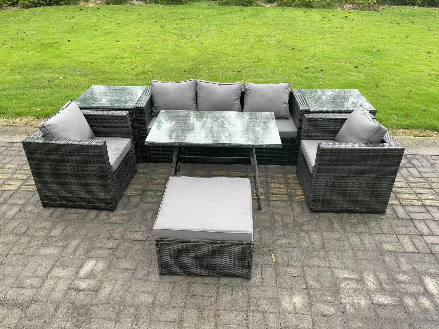 6 Seater Rattan Outdoor Furniture Garden Dining Set Oblong Dining Table 2 Side Tables Big Footstool