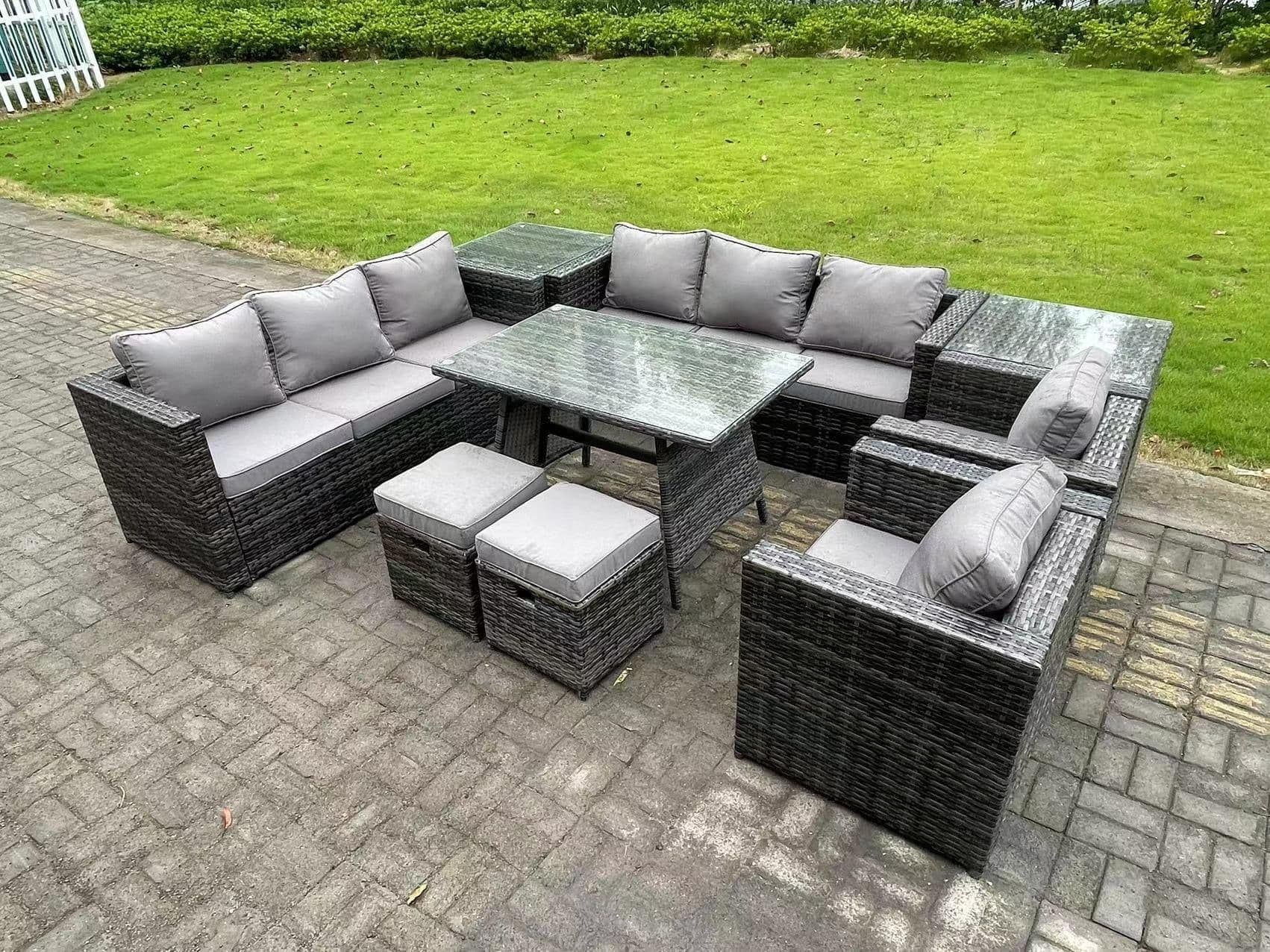 Wicker Rattan Outdoor Furniture Lounge Sofa Garden Dining Set Dining Table 2 Side Tables 2 Armchairs