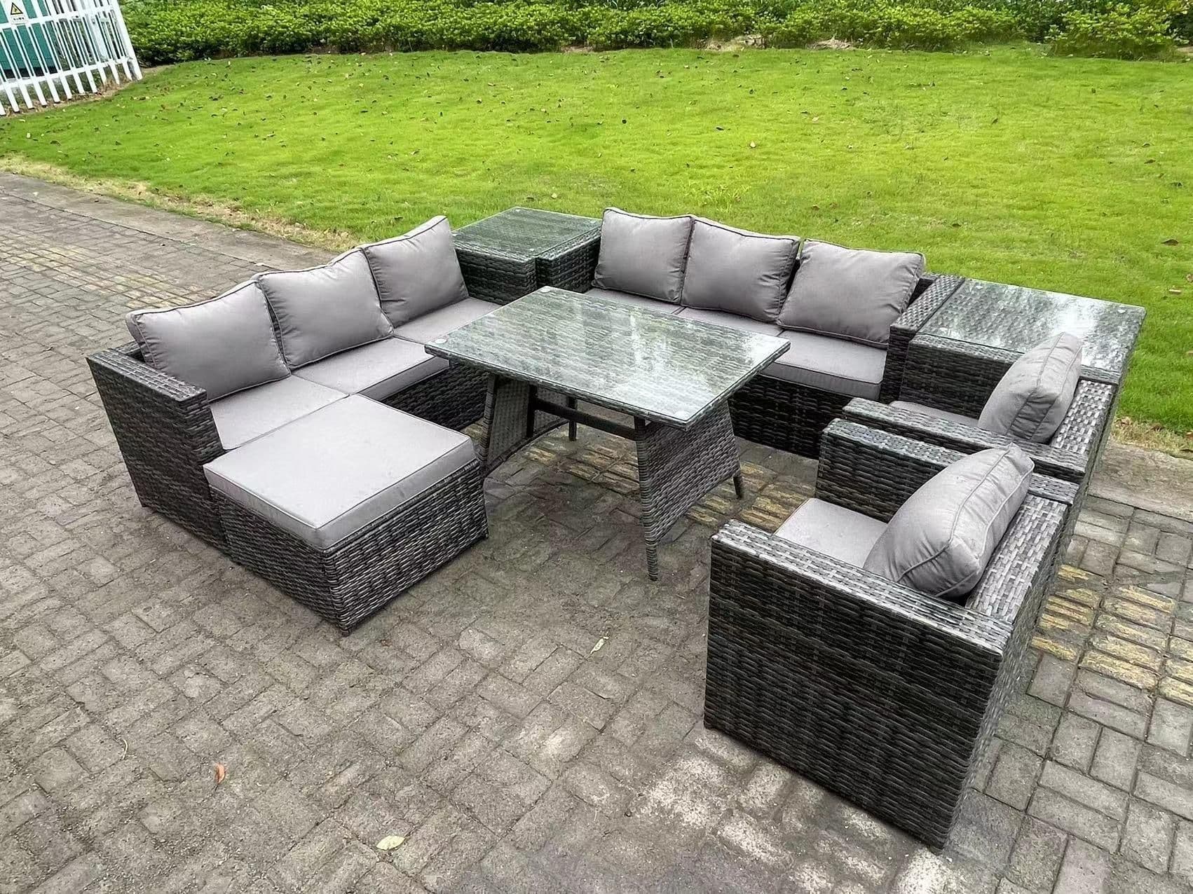 Wicker Rattan Outdoor Furniture Lounge Sofa Garden Dining Set Dining Table 2 Side Tables Big Footstool