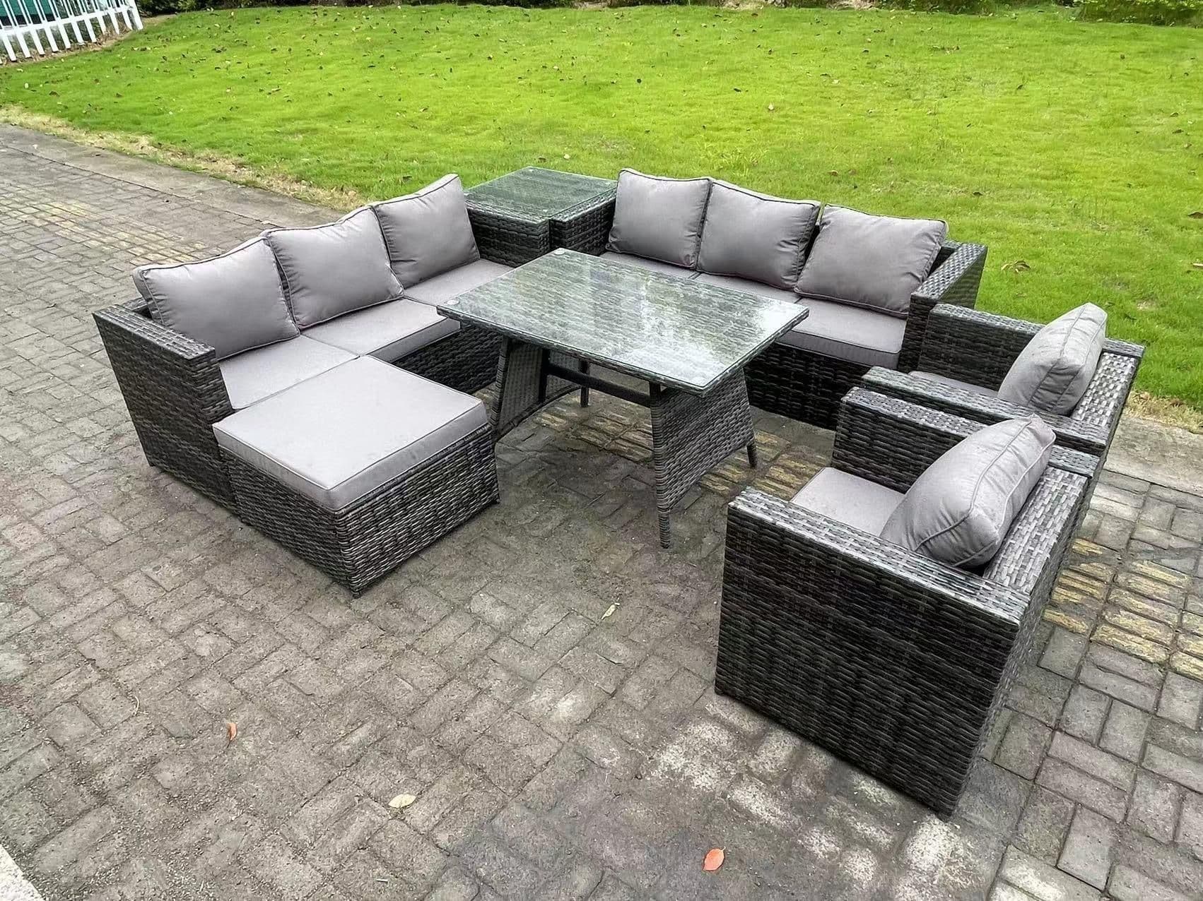 9 Seater Wicker Rattan Outdoor Furniture Lounge Sofa Garden Dining Set Dining Table 2 Armchairs