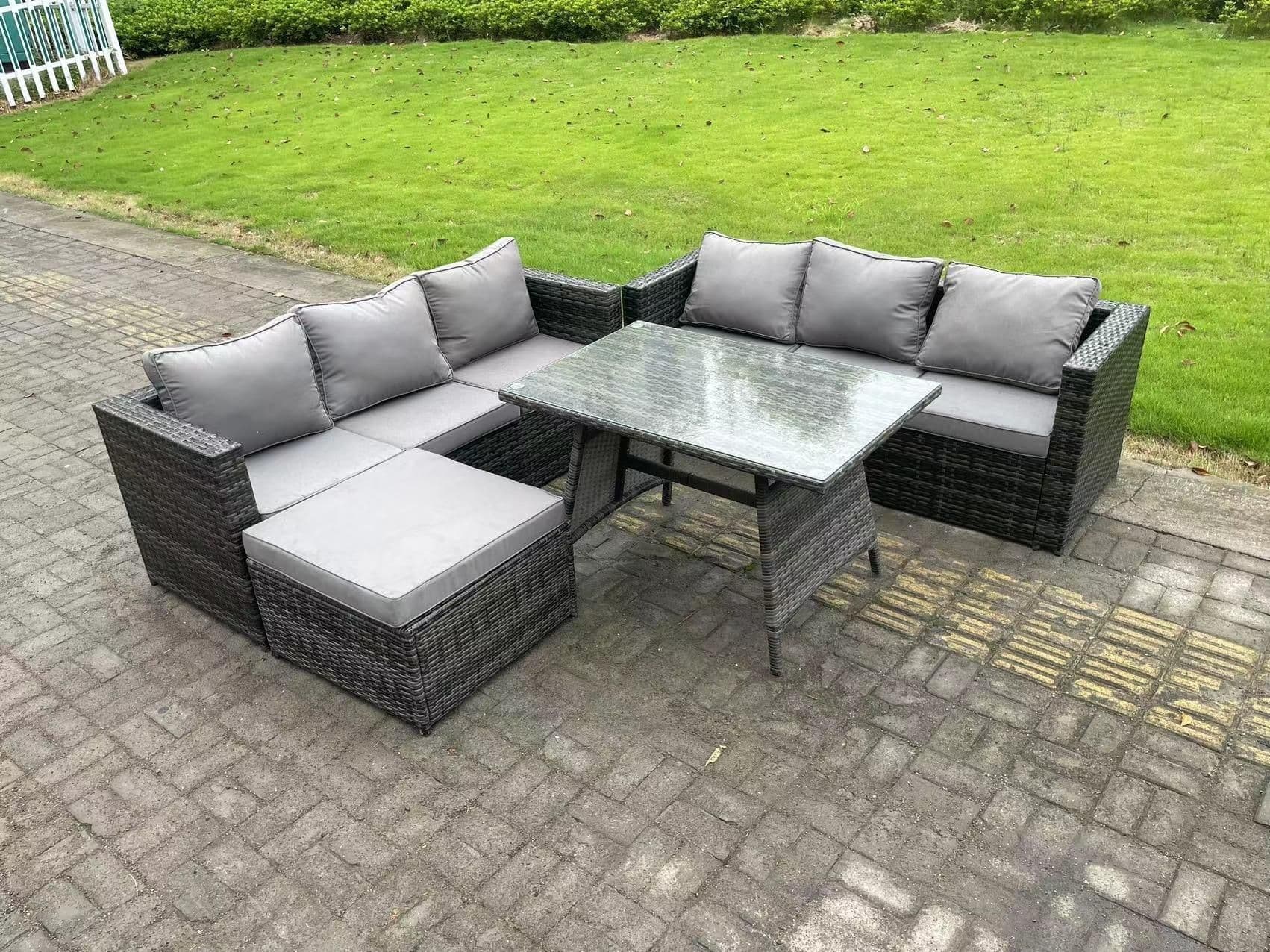 7 Seater Rattan Outdoor Furniture Sofa Garden Dining Set Oblong Dining Table Big Footstool Dark Grey