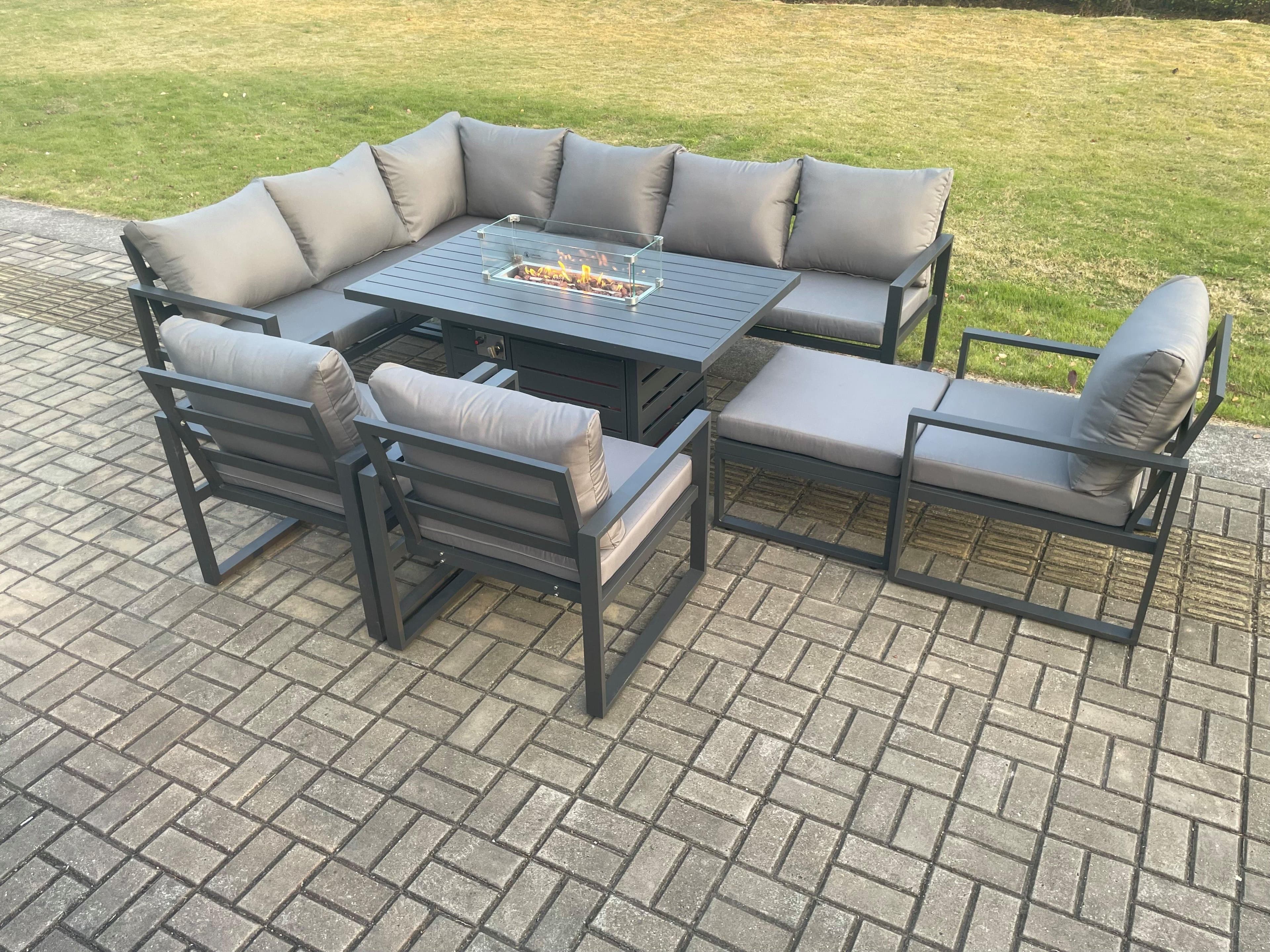 Aluminium Outdoor Garden Furniture Corner Sofa Gas Fire Pit Dining Table Sets Gas Heater Burner 3 Chairs Big Footstool 10 Seater