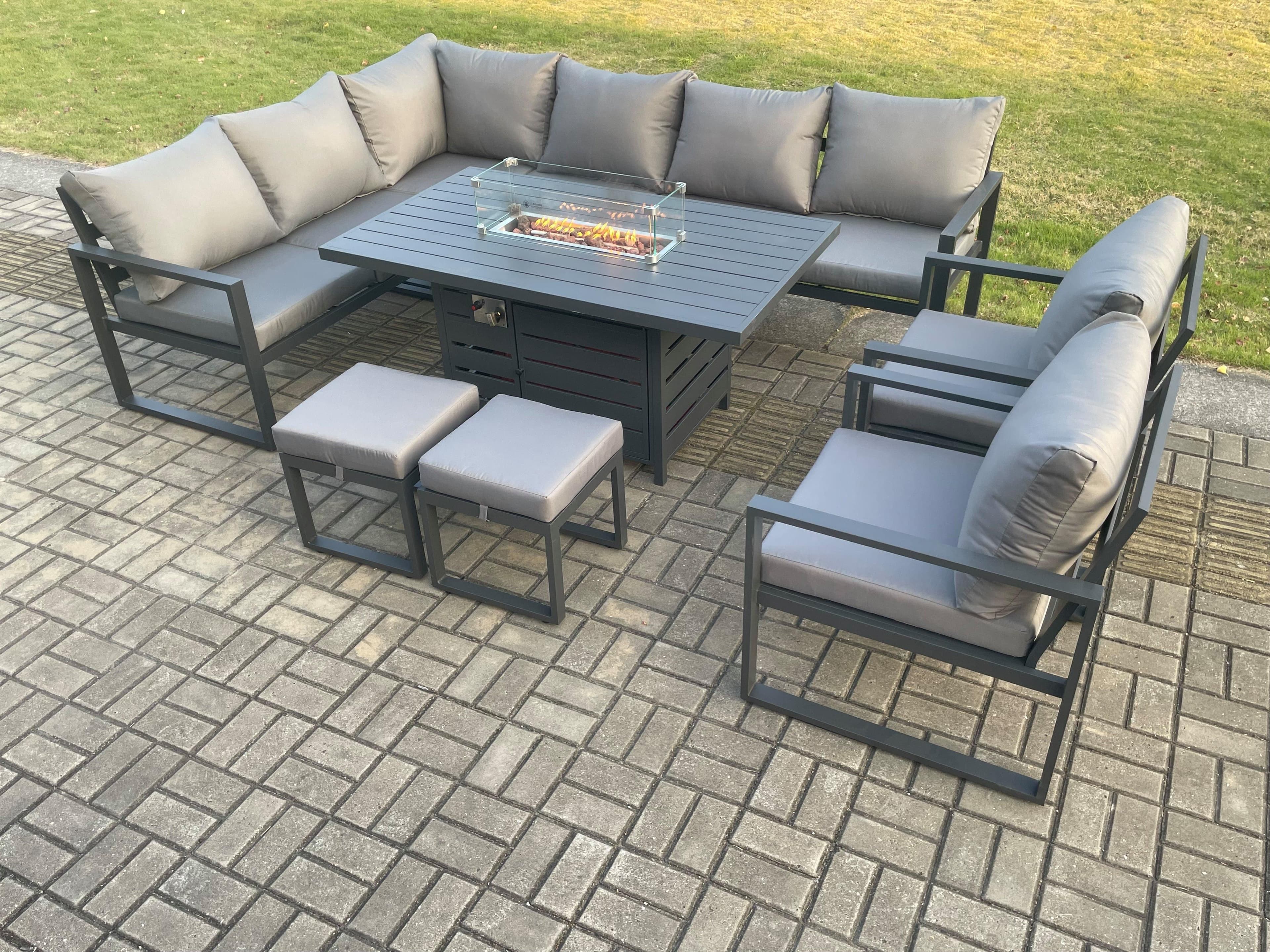 Aluminium Patio Outdoor Garden Furniture Corner Sofa Set Gas Fire Pit Dining Table 2 Chairs 2 Footstools Dark Grey