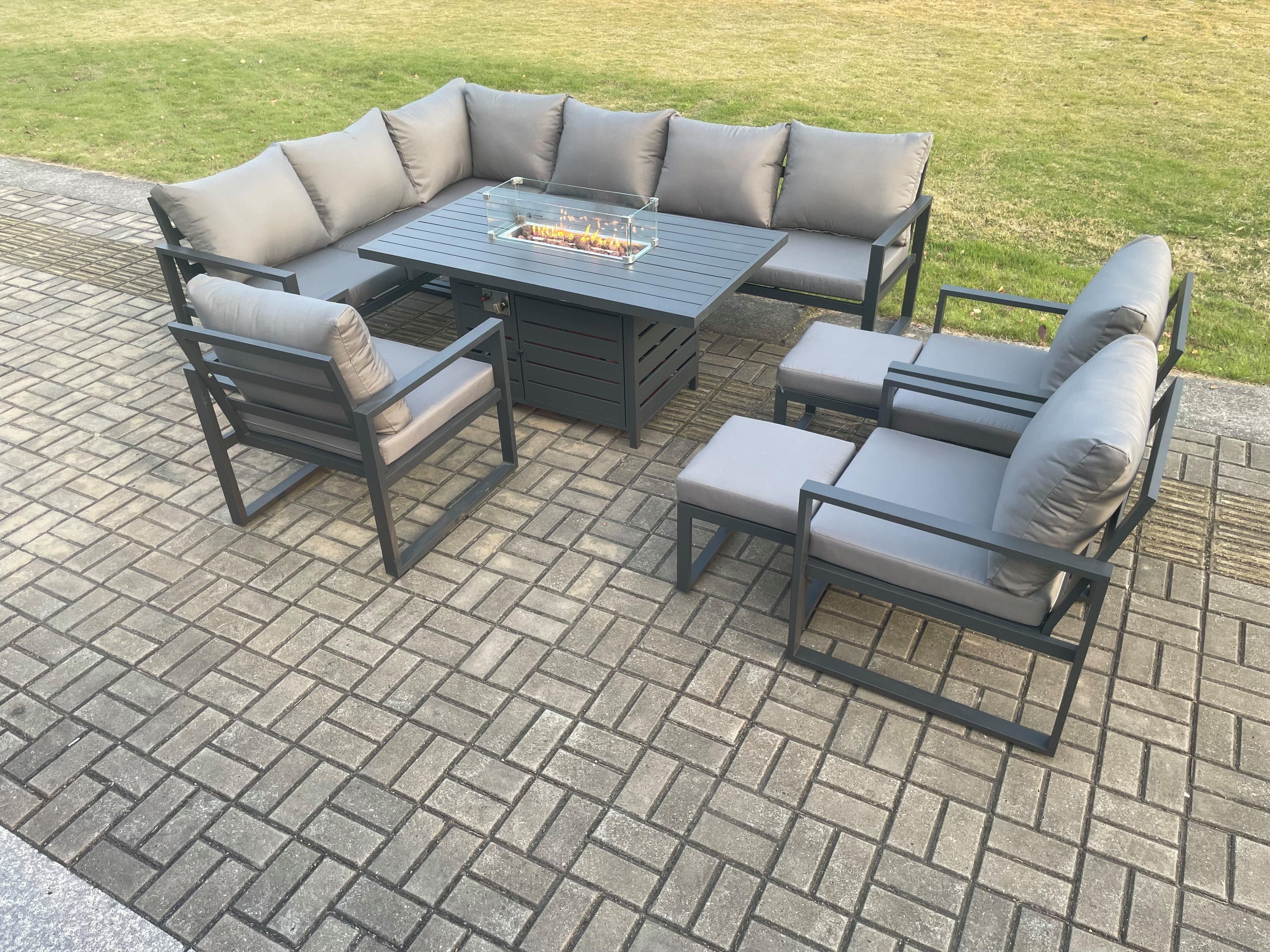 Aluminium Patio Outdoor Garden Furniture Corner Sofa Set Gas Fire Pit Dining Table 3 Chairs 2 Footstools Dark Grey