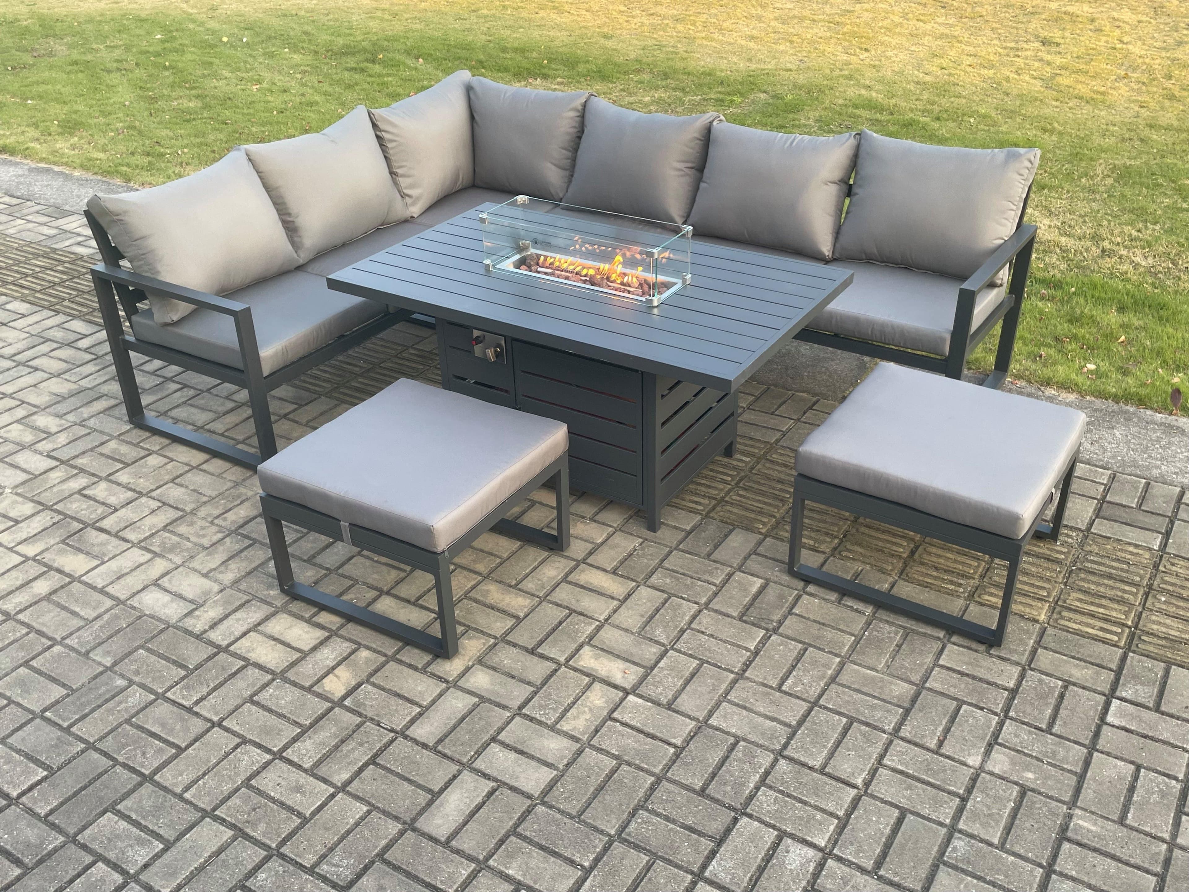 Aluminium Patio Outdoor Garden Furniture Corner Sofa Set Gas Fire Pit Dining Table 2 Big Footstools Dark Grey