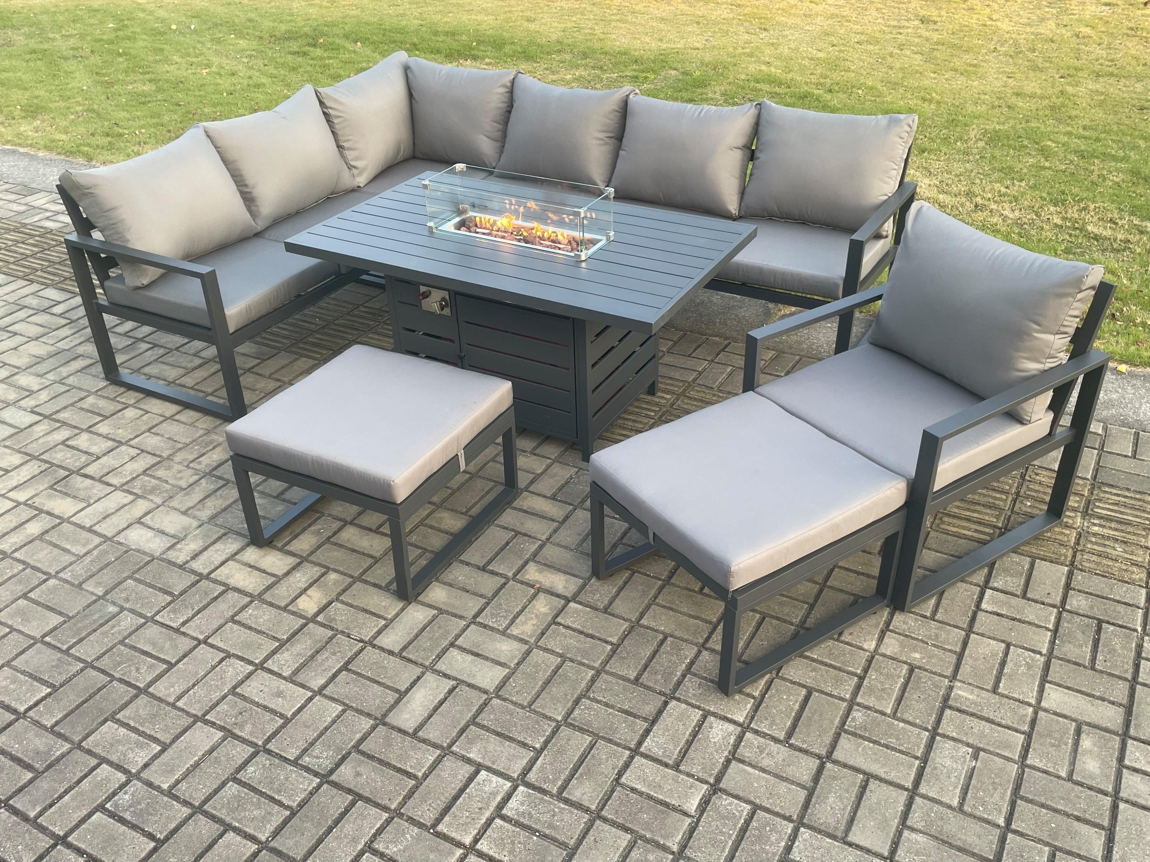 Aluminium Patio Outdoor Garden Furniture Corner Sofa Set Gas Fire Pit Dining Table Chair 2 Big Footstools Dark Grey