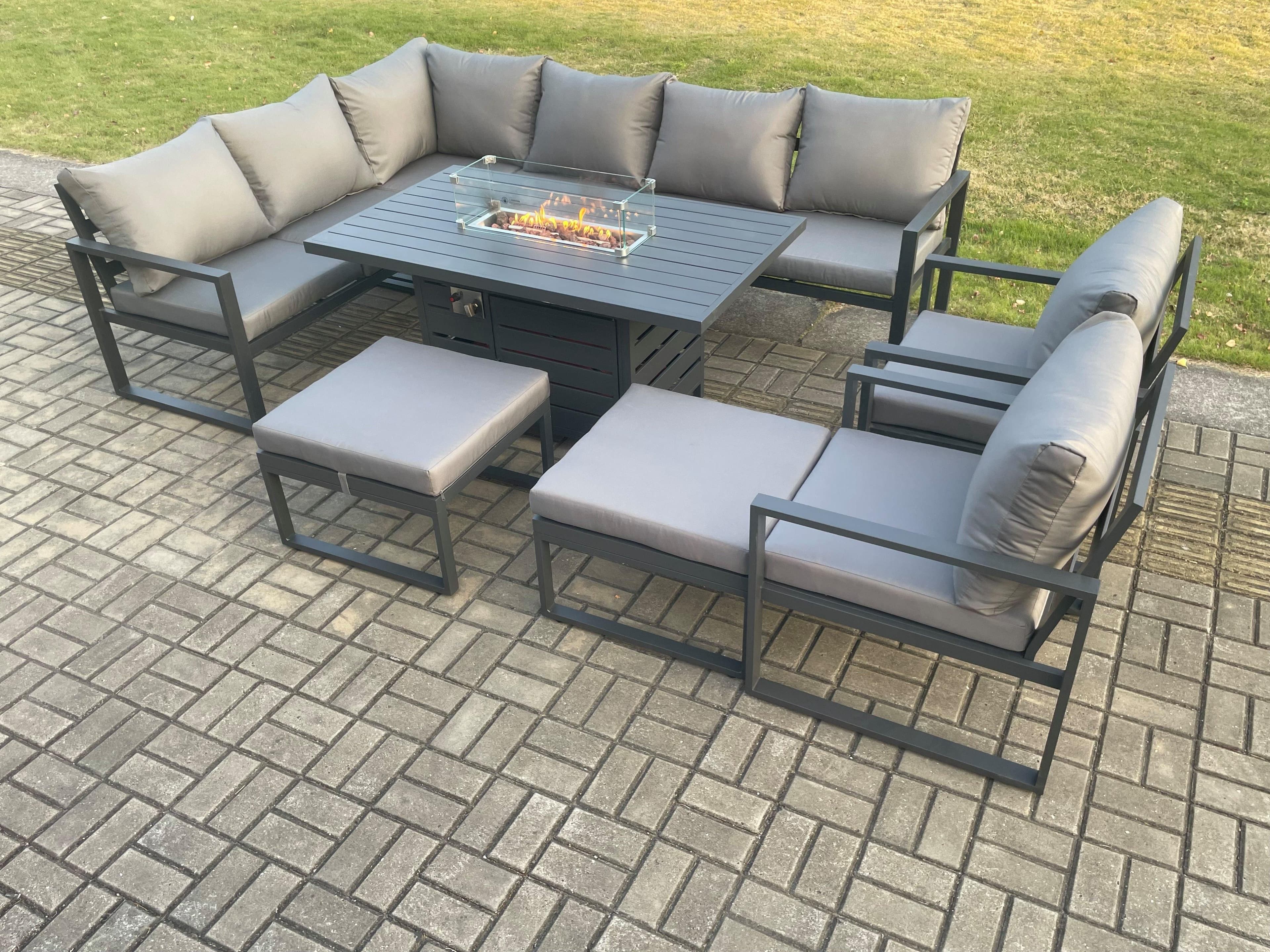 Aluminium Patio Outdoor Garden Furniture Corner Sofa Set Gas Fire Pit Dining Table 2 Chairs 2 Big Footstools Dark Grey