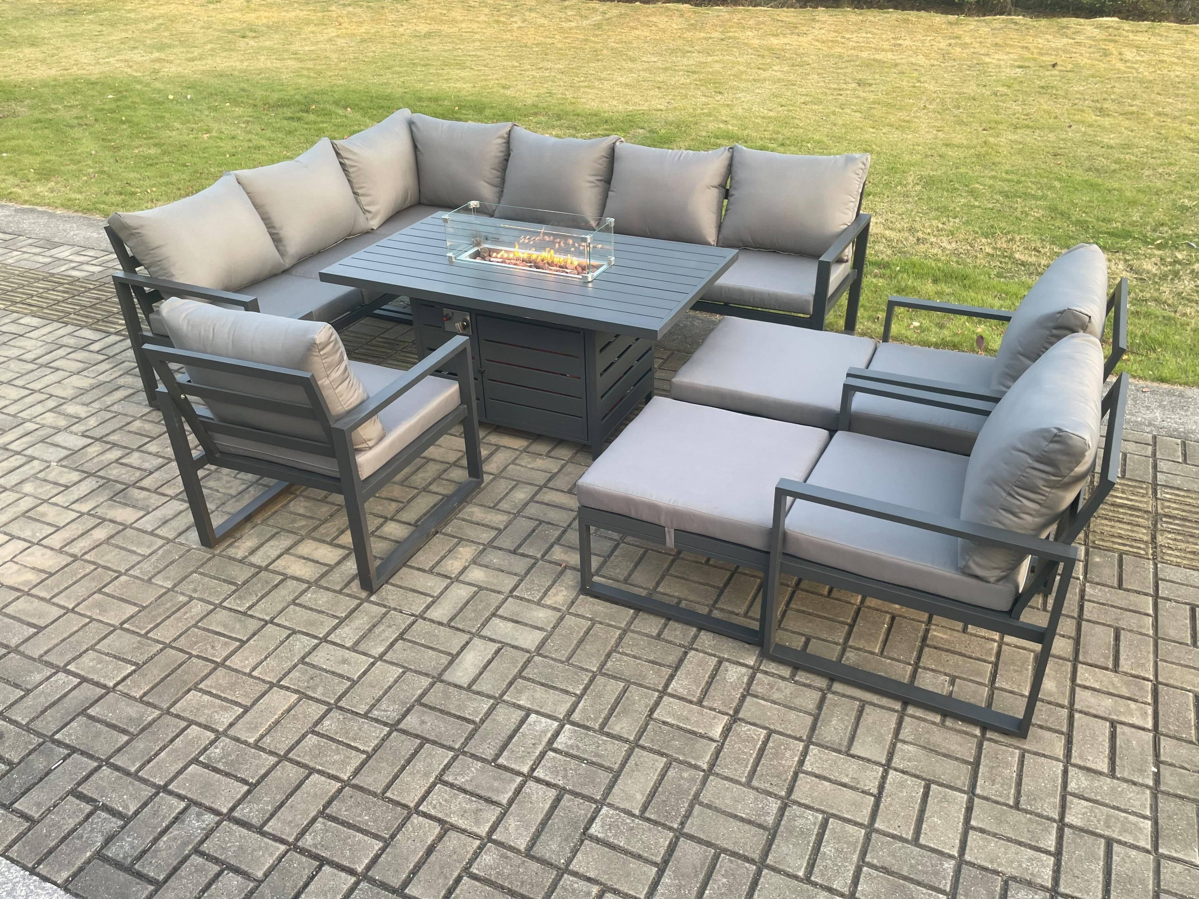 Aluminium Patio Outdoor Garden Furniture Corner Sofa Set Gas Fire Pit Dining Table 3 Chairs 2 Big Footstools Dark Grey