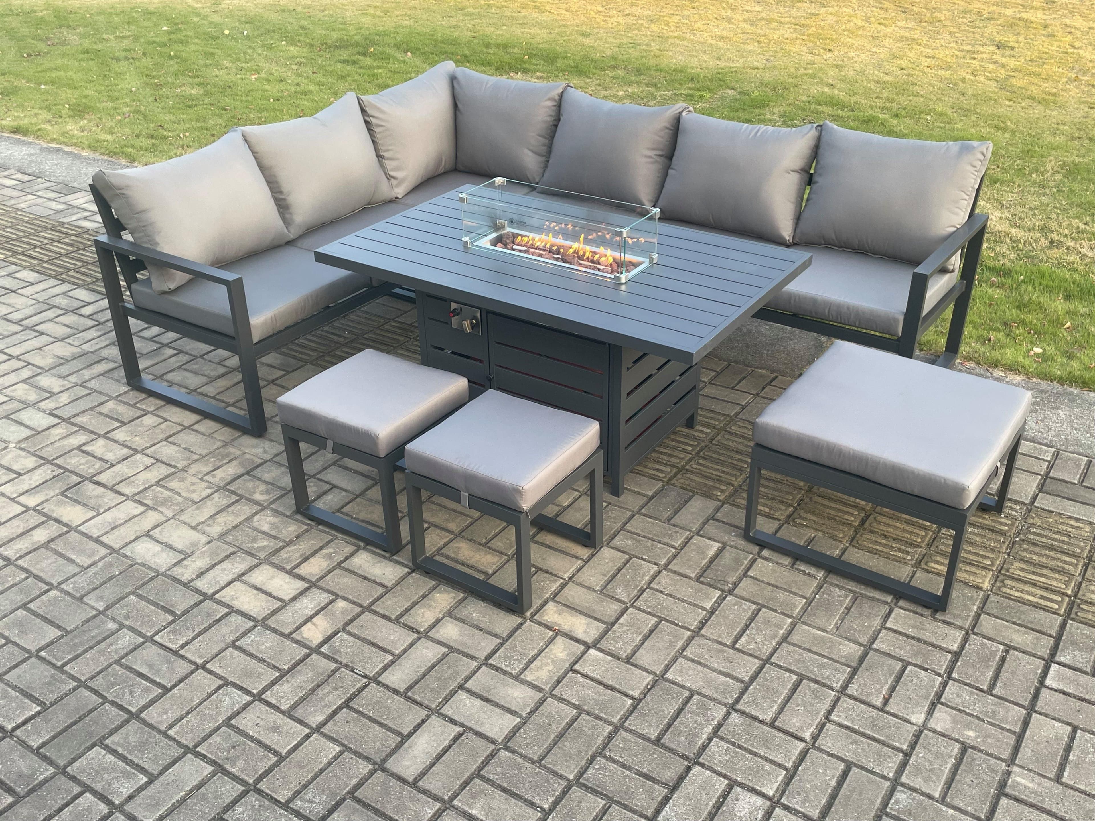 Aluminium 8 Pieces Garden Furniture Corner Sofa Set Cushions Gas Fire Pit Dining Table Set 3 Footstools Dark Grey