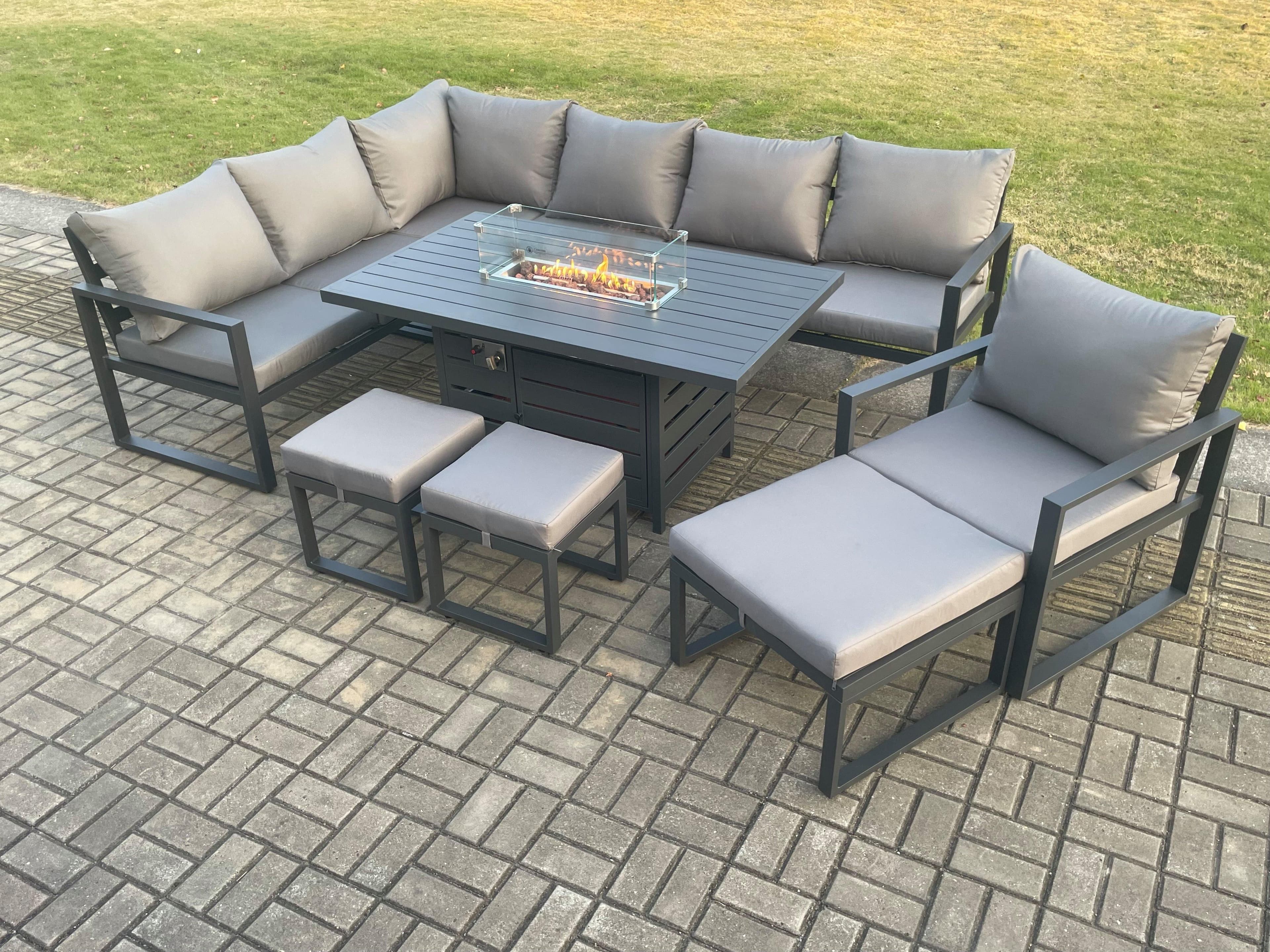 Aluminium 9 Pieces Garden Furniture Corner Sofa Set Cushions Gas Fire Pit Dining Table Set Chair 3 Footstools Dark Grey