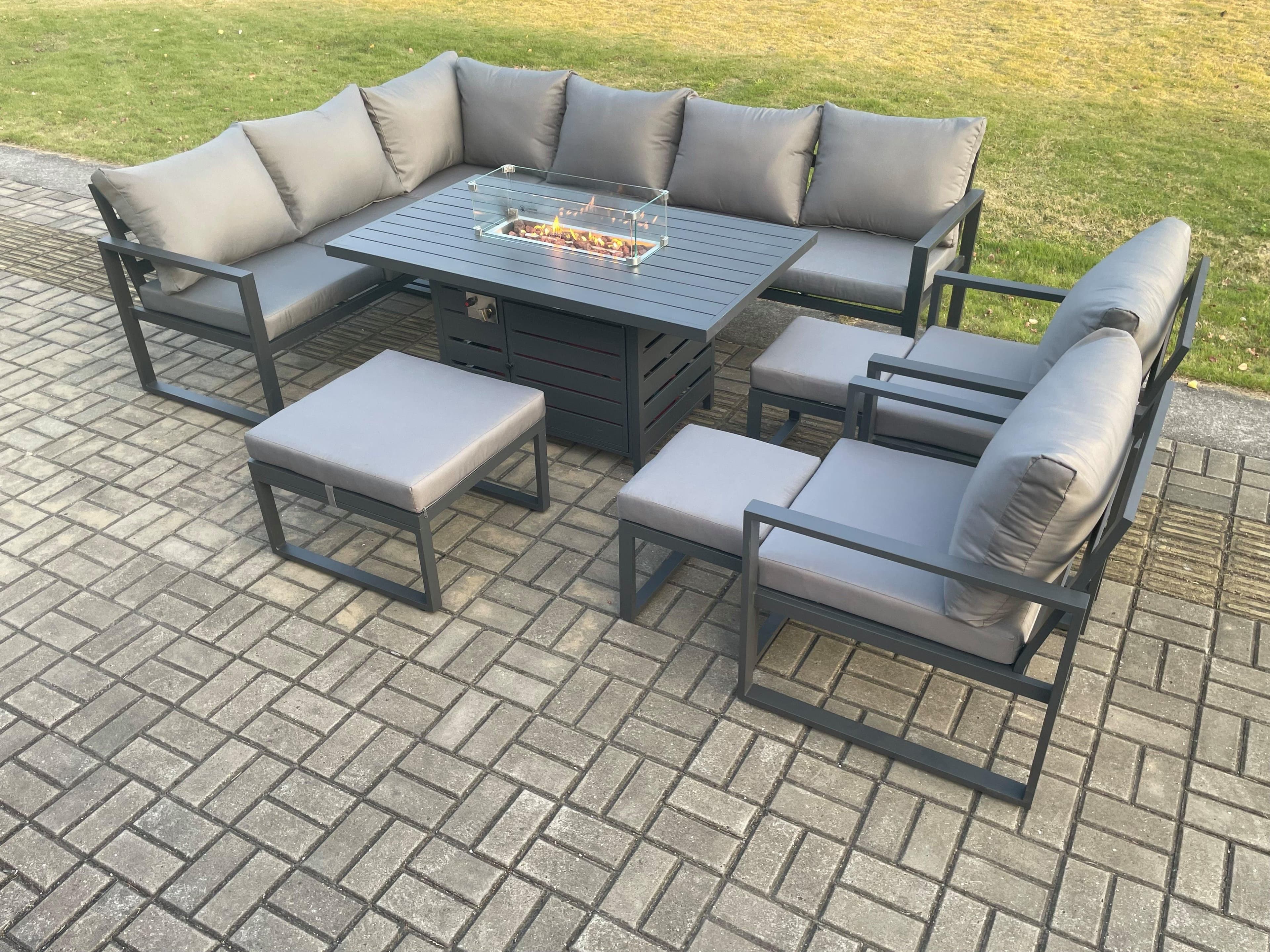 Aluminium 10 Pieces Garden Furniture Corner Sofa Set Cushions Gas Fire Pit Dining Table Set 2 Chairs 3 Footstools Dark Grey