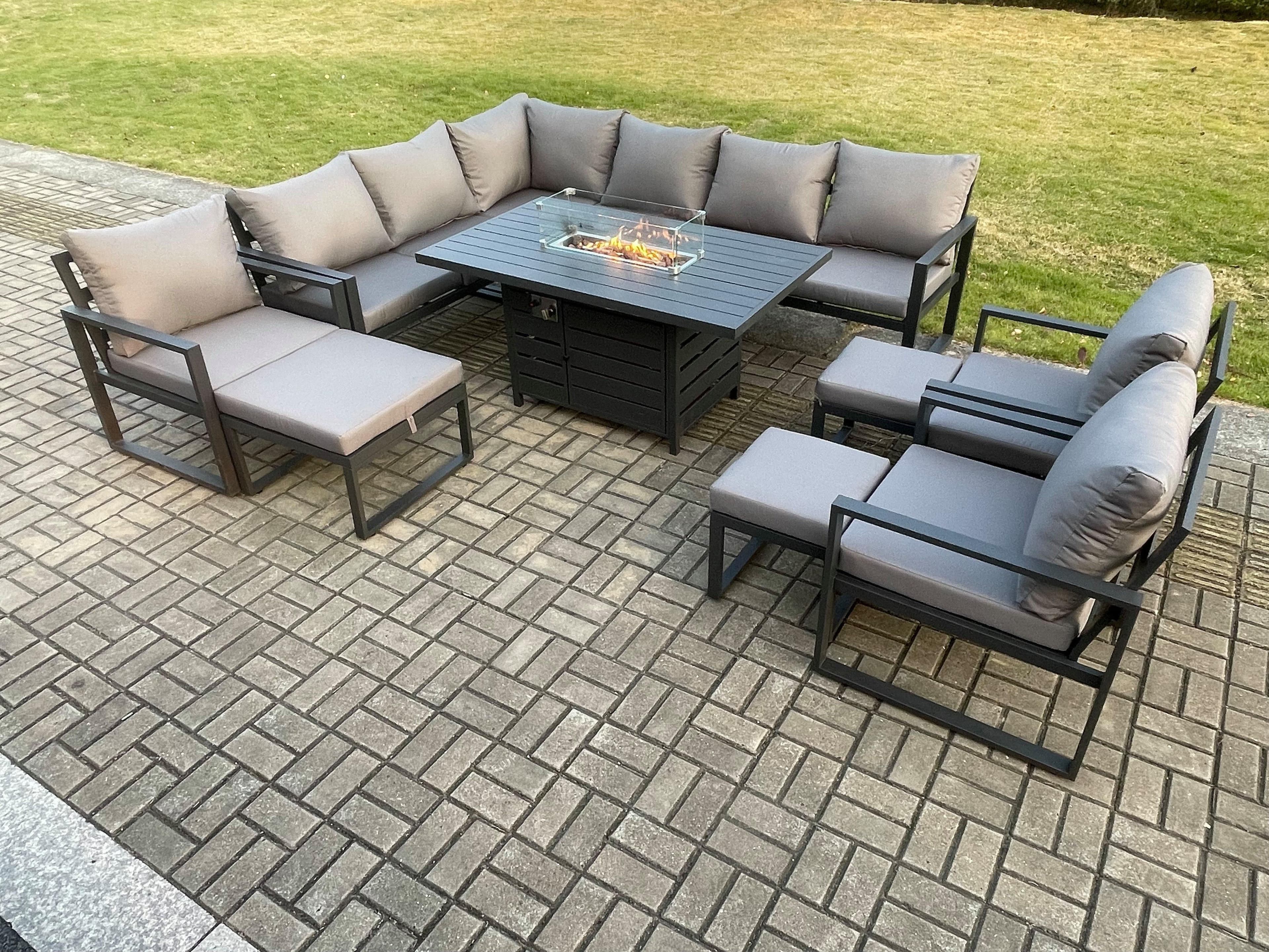 Aluminium 11 Pieces Garden Furniture Corner Sofa Set Cushions Gas Fire Pit Dining Table Set 3 Chairs 3 Footstools Dark Grey