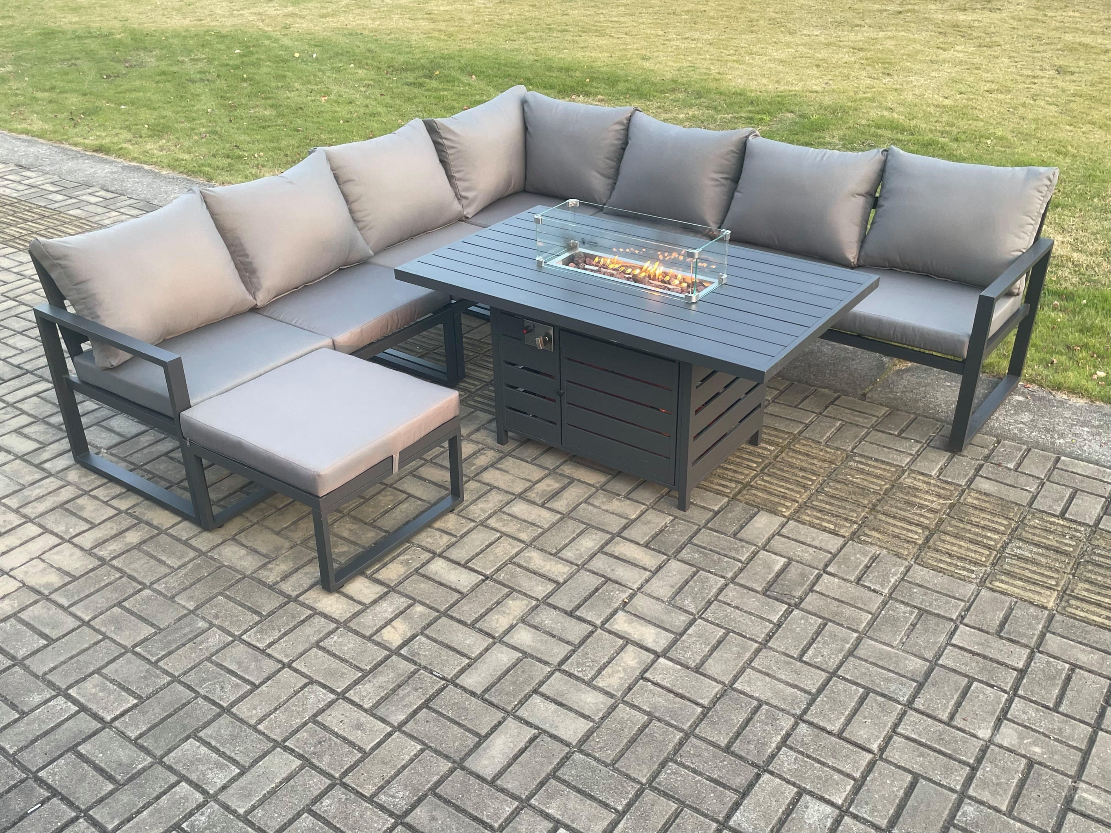Aluminium 7 Pieces Garden Furniture Corner Sofa Set Cushions Gas Fire Pit Dining Table Set Gas Heater Burner Big Footstool