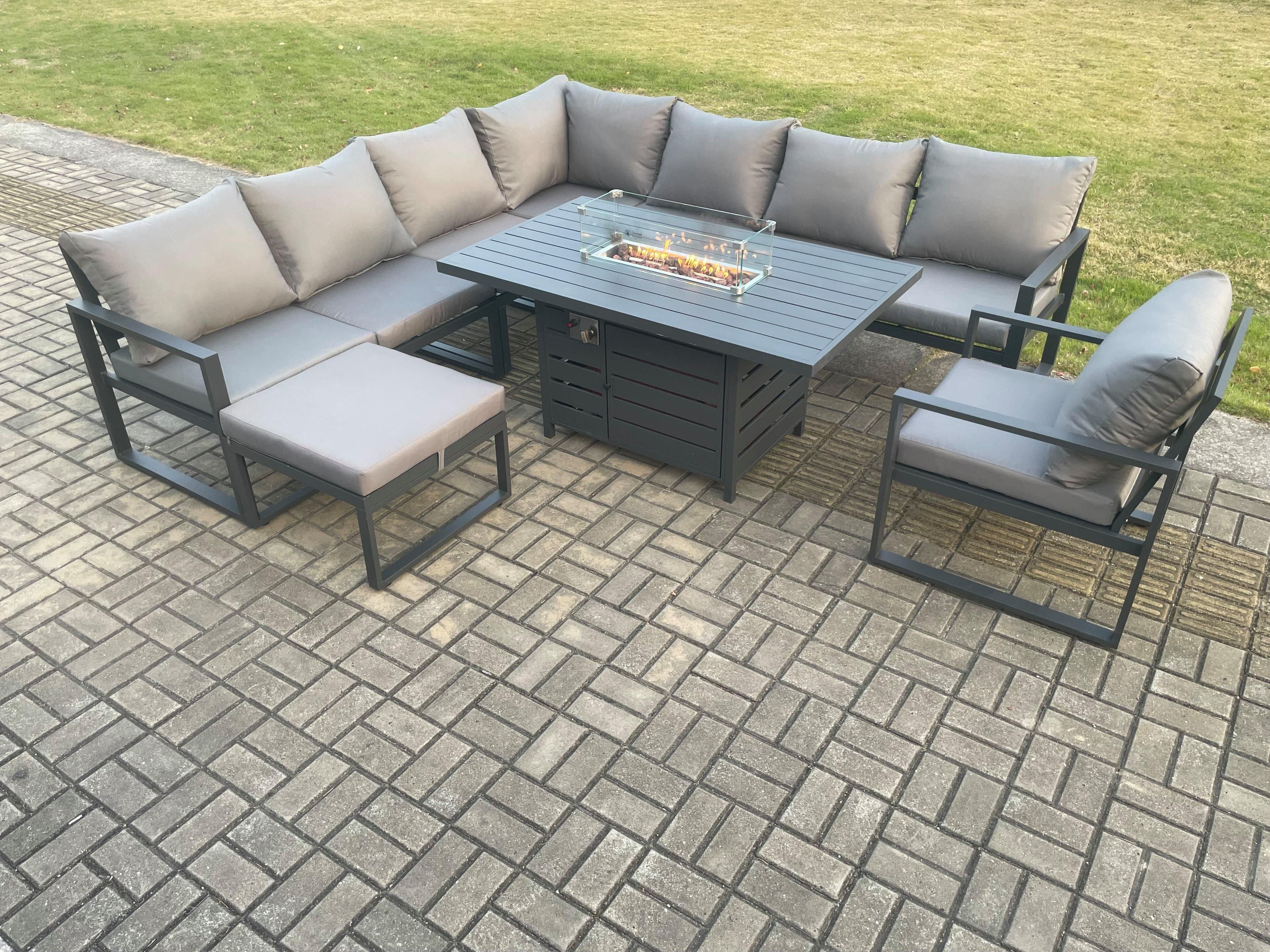 Aluminium 9 Seater Garden Furniture Outdoor Set Patio Lounge Sofa Gas Fire Pit Dining Table Set Chair Big Footstools Dark Grey