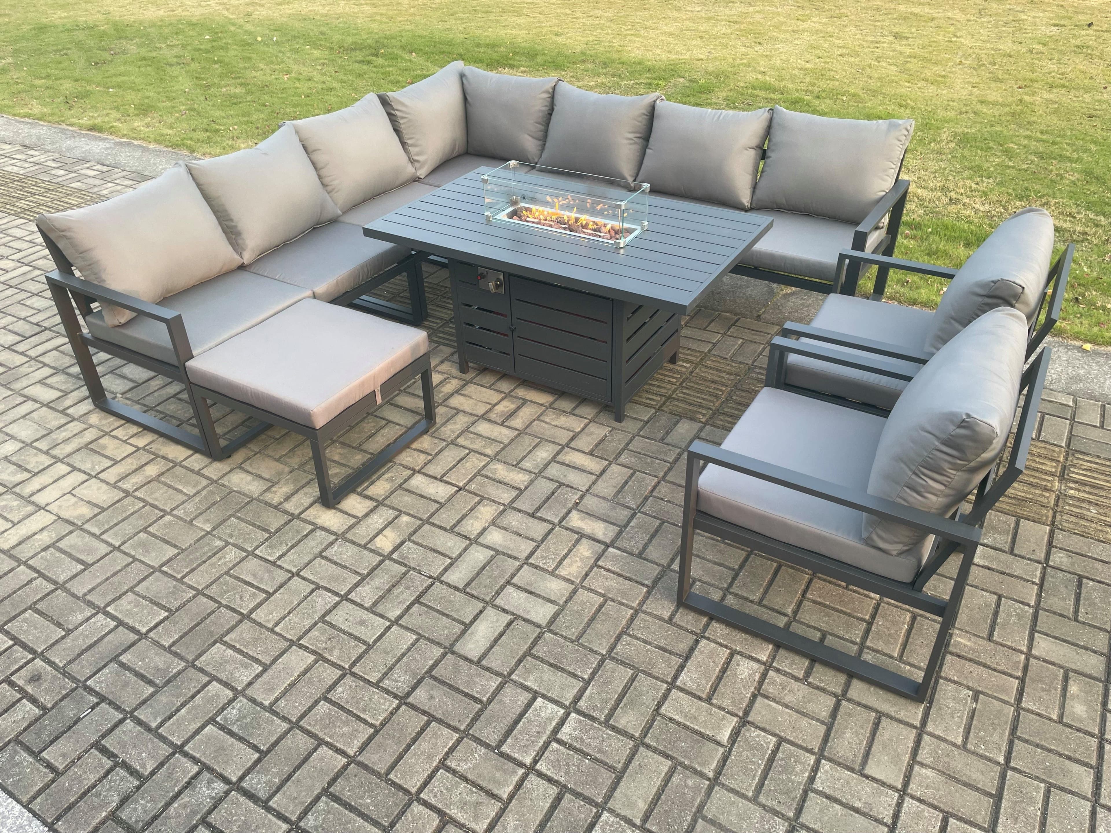 Aluminium 10 Seater Garden Furniture Outdoor Set Patio Lounge Sofa Gas Fire Pit Dining Table Set 2 Chairs Big Footstool Dark Grey