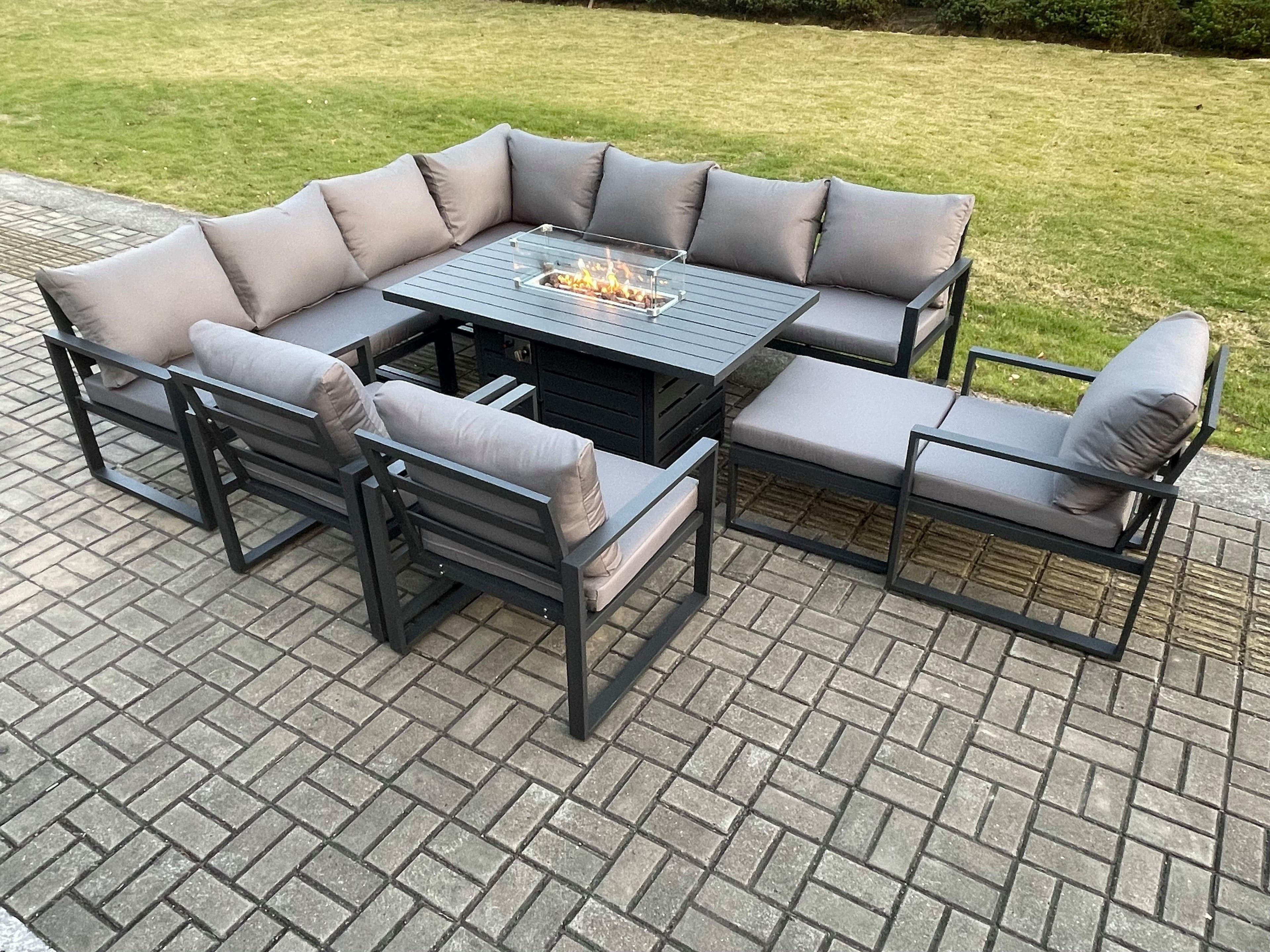 Aluminium 11 Seater Garden Furniture Outdoor Set Patio Lounge Sofa Gas Fire Pit Dining Table Set 3 Chairs Big Footstool Dark Grey