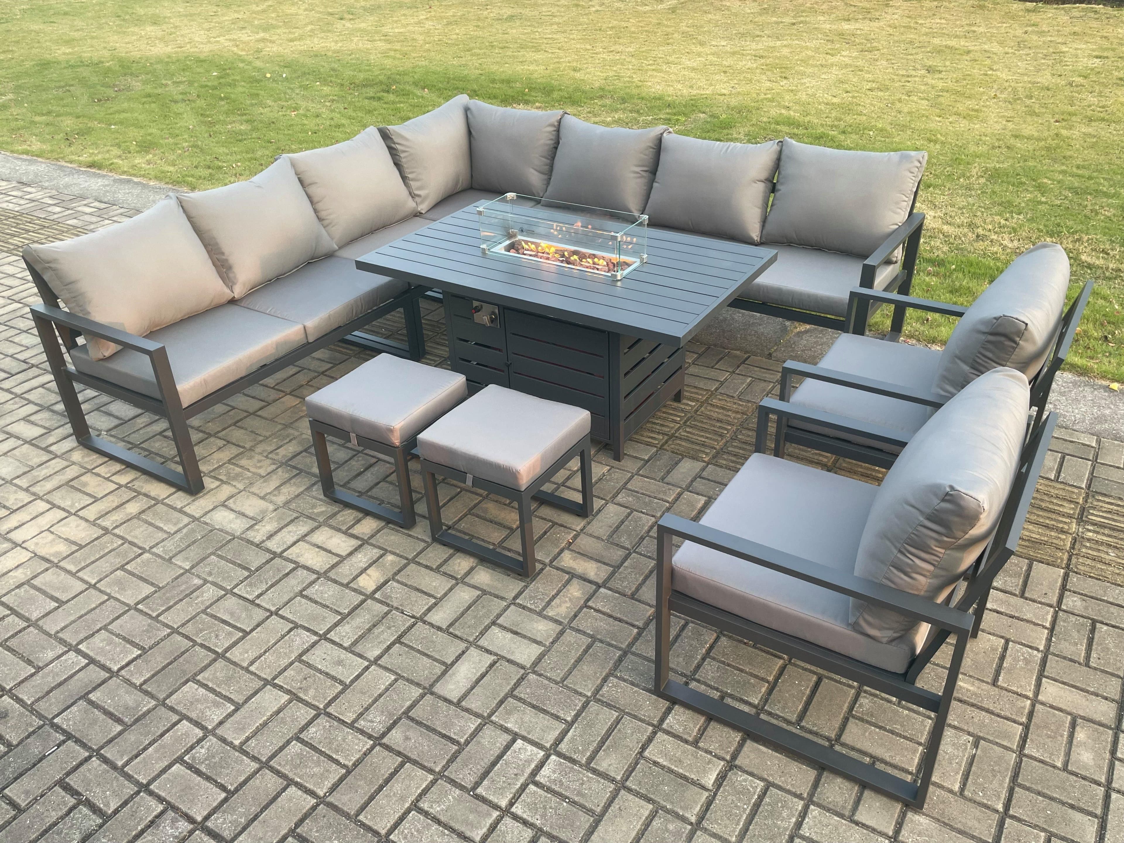 Aluminium 11 Seater Garden Furniture Outdoor Set Patio Lounge Sofa Gas Fire Pit Dining Table Set 2 Chairs Dark Grey